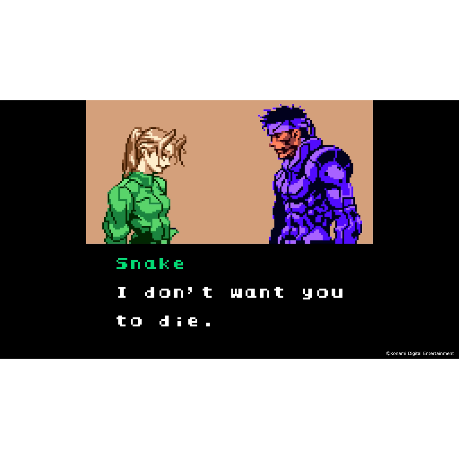 Pixel art: Vrouw in groen en man in paars pantser. Tekst: Snake, ik wil niet dat je sterft.