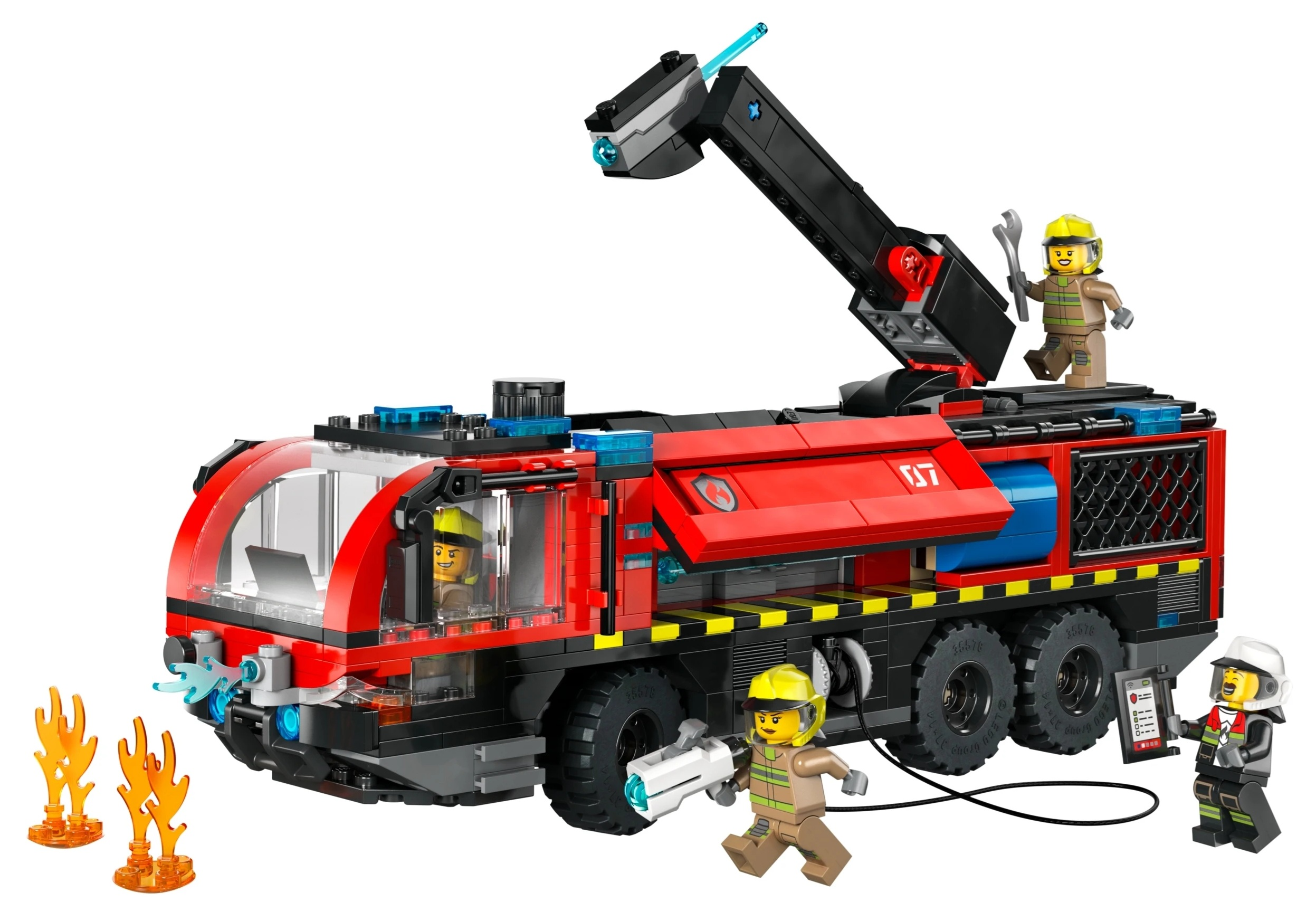Wóz strażacki Lego z figurkami i elementami płomieni.