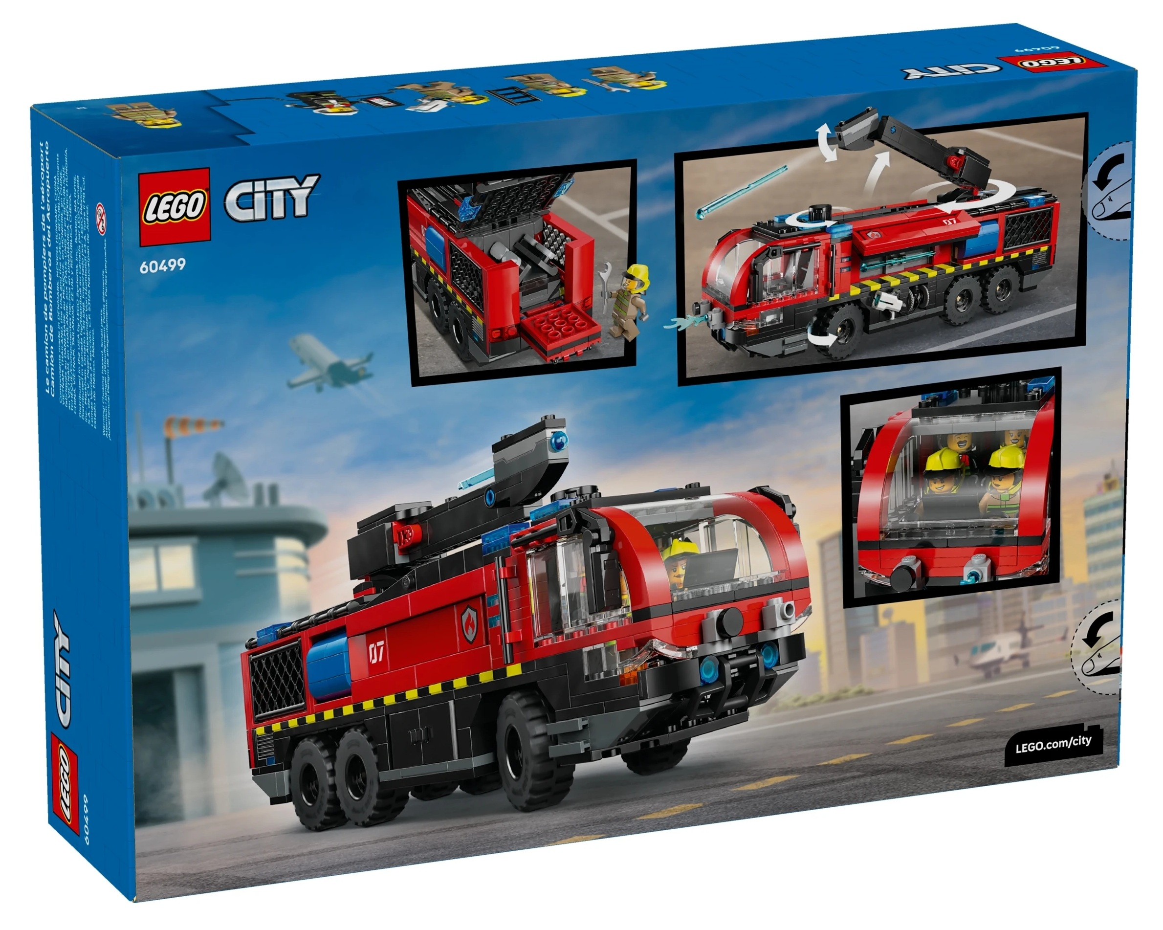 Czerwony wóz strażacki Lego z akcesoriami na opakowaniu.