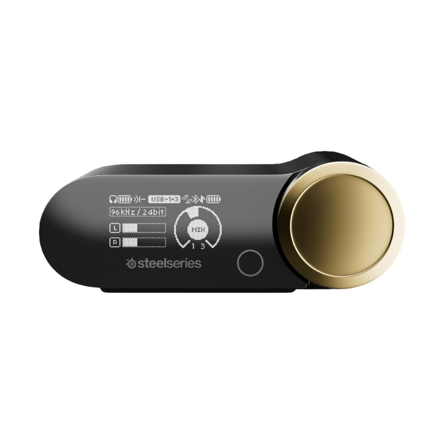 Un dispositivo audio Steelseries nero con manopola dorata e schermo.