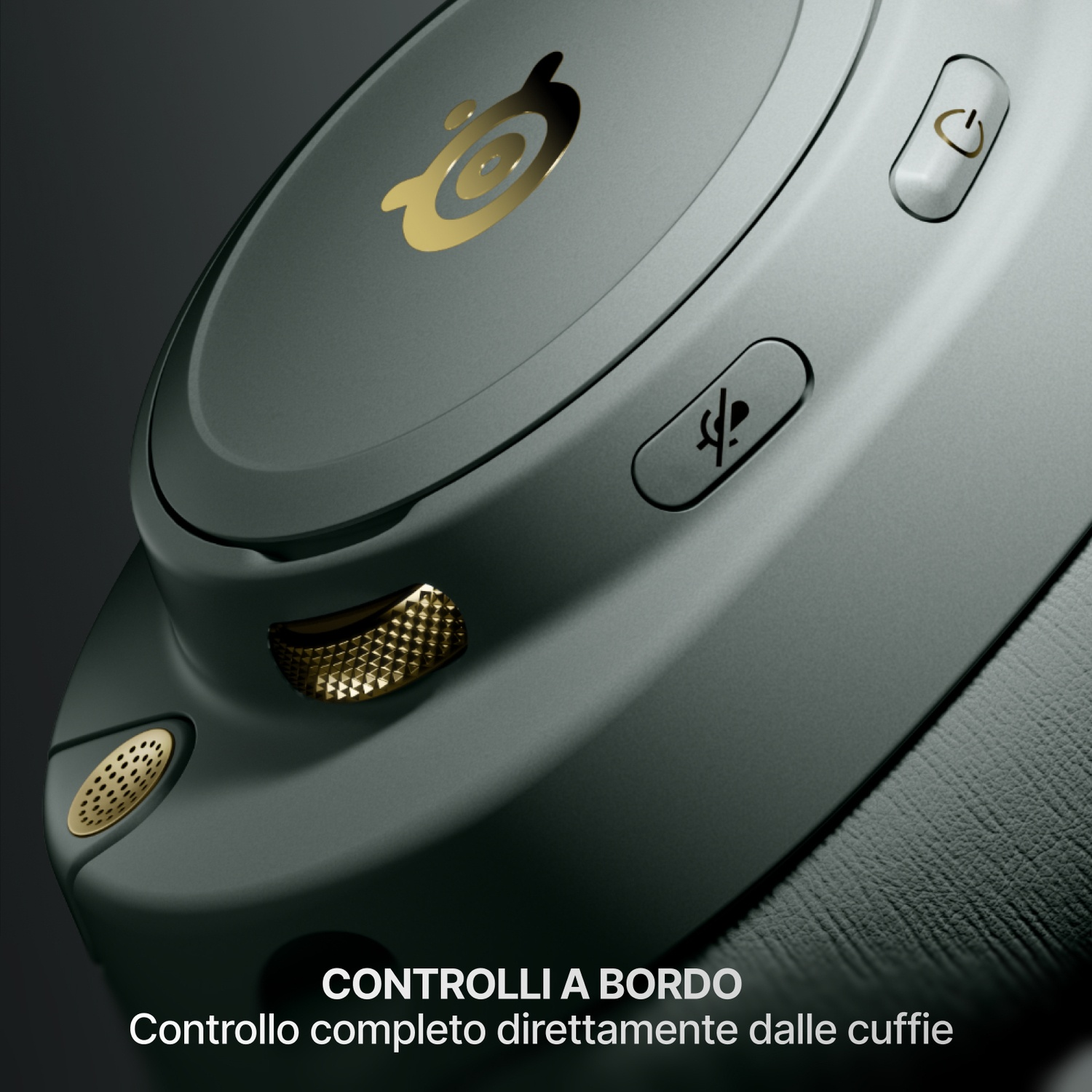 Cuffie grigie con logo dorato e pulsanti di controllo.