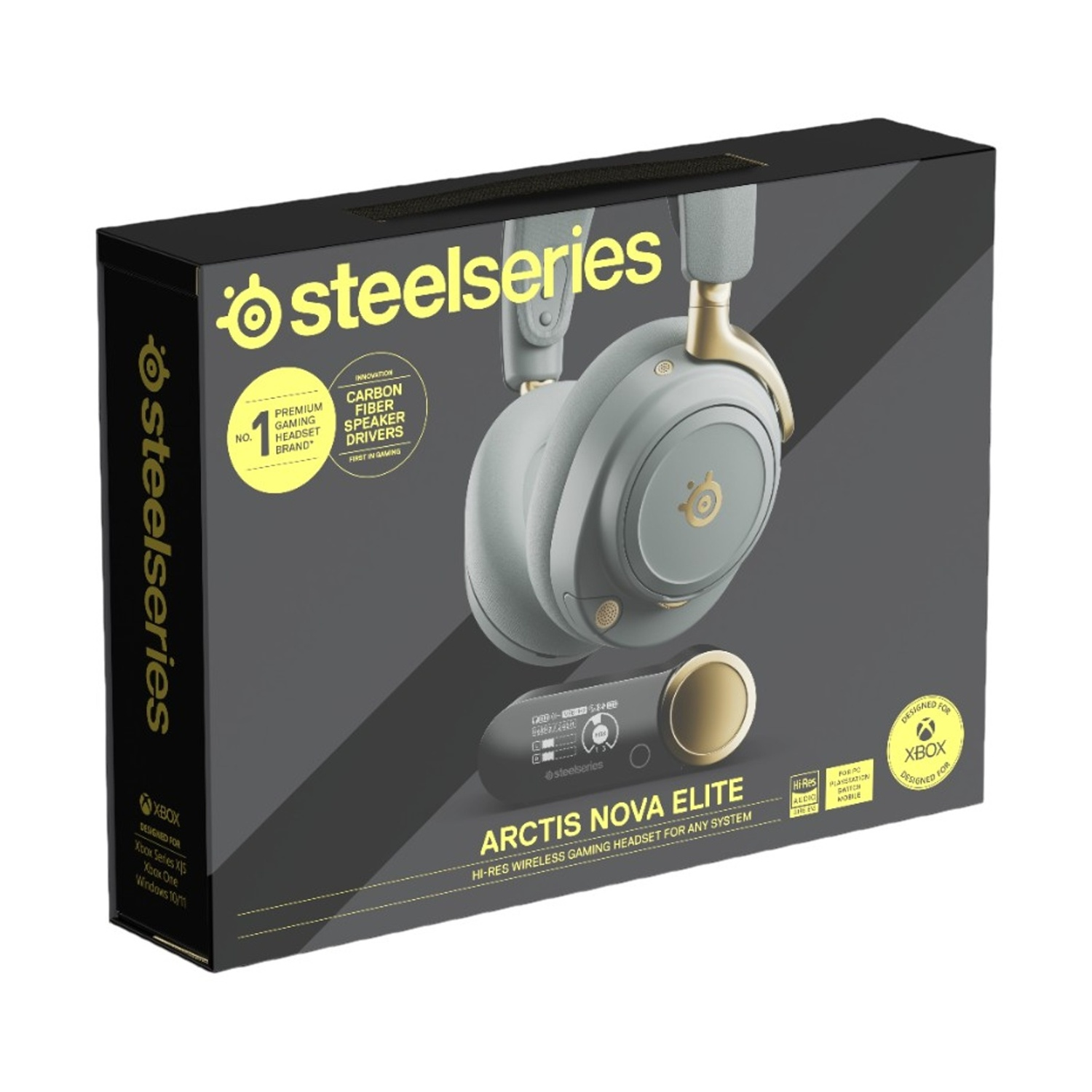 Scatola del set di cuffie da gaming Steelseries Arctis Nova Elite con cuffie e trasmettitore. Grigio chiaro e oro.