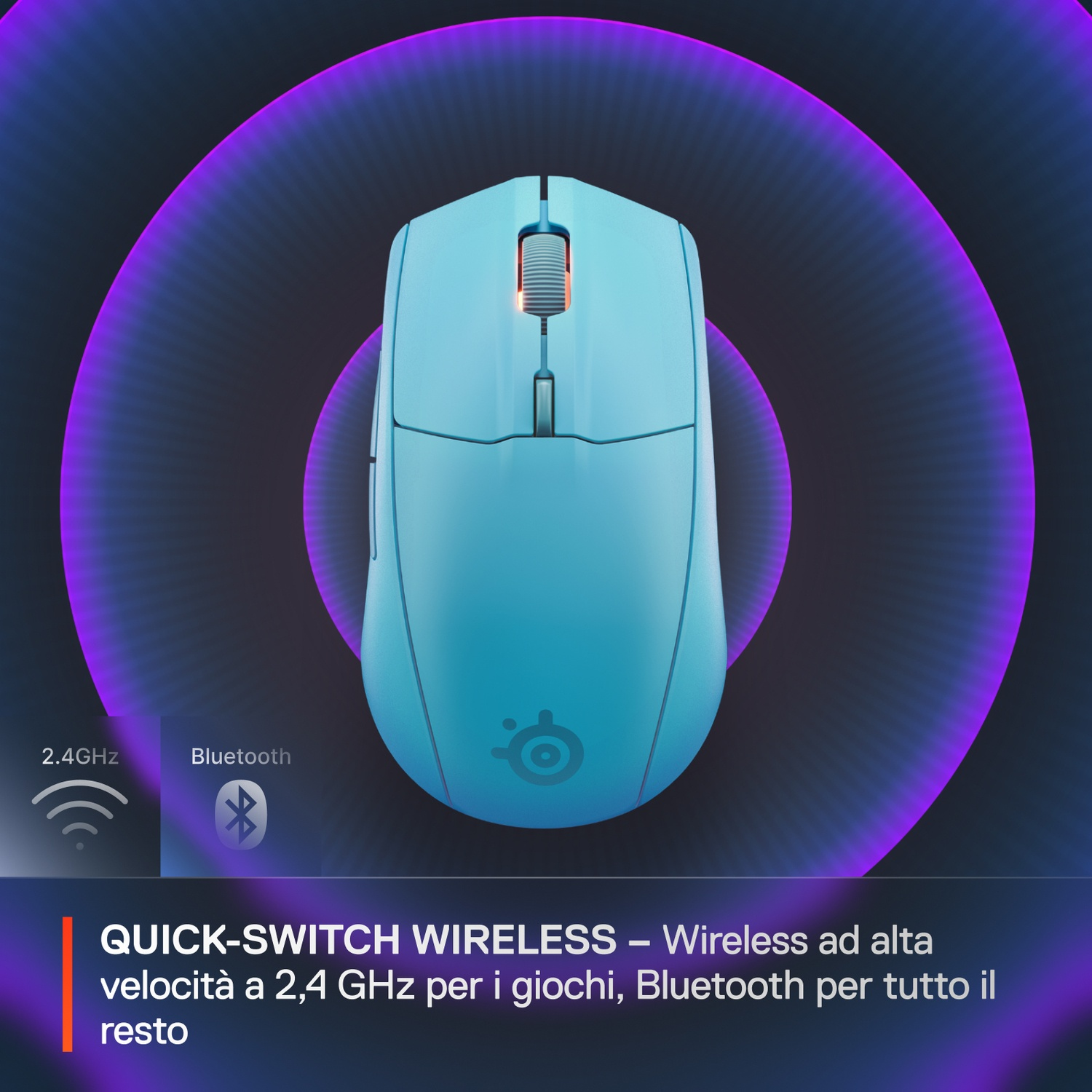 Un mouse gaming wireless azzurro con anelli viola sullo sfondo.