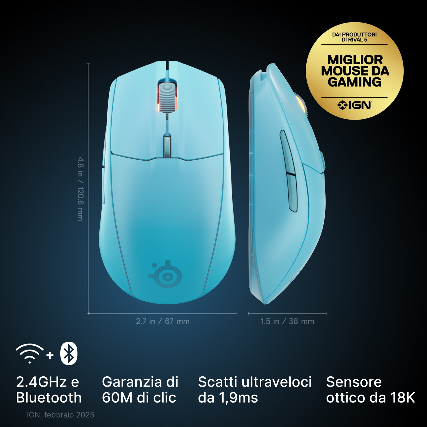 Mouse gaming azzurro mostrato frontalmente e lateralmente, con premio IGN.