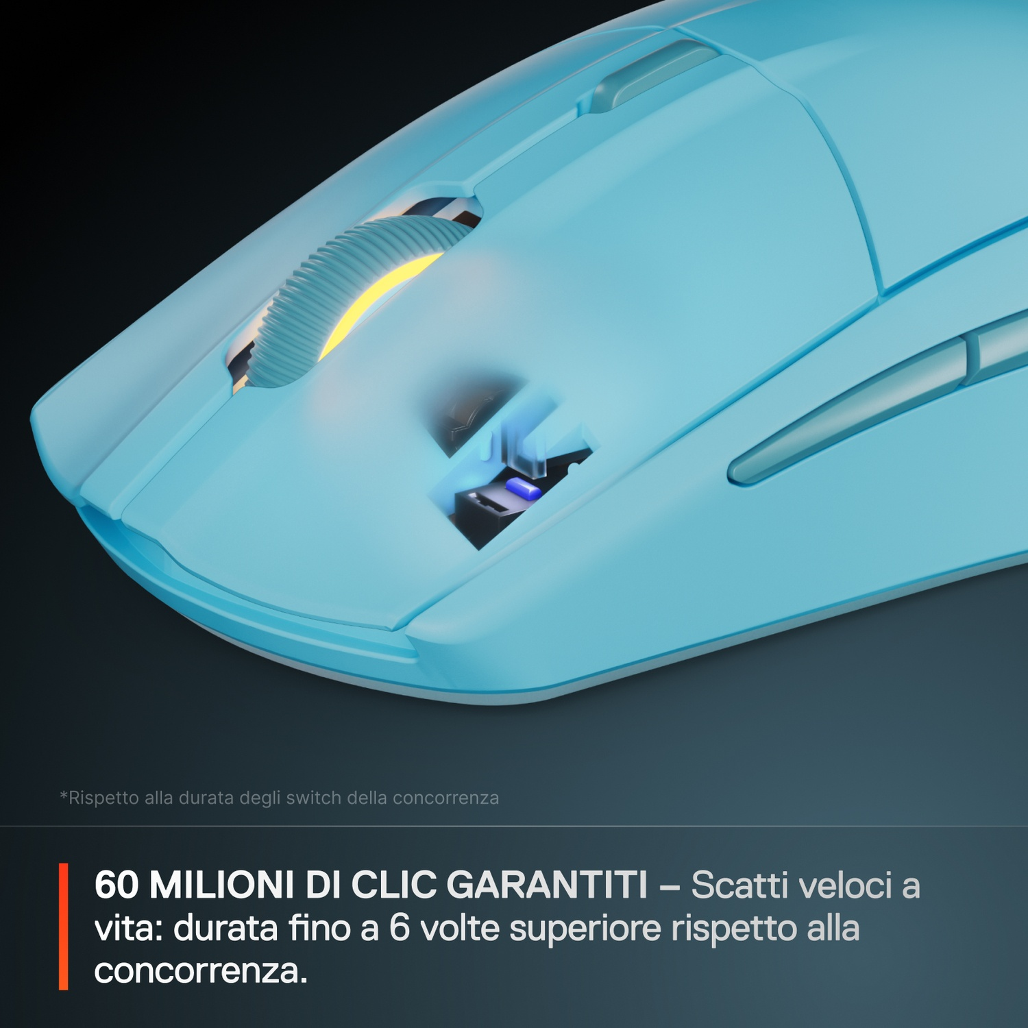 Un mouse gaming azzurro con rotellina e switch illuminati.
