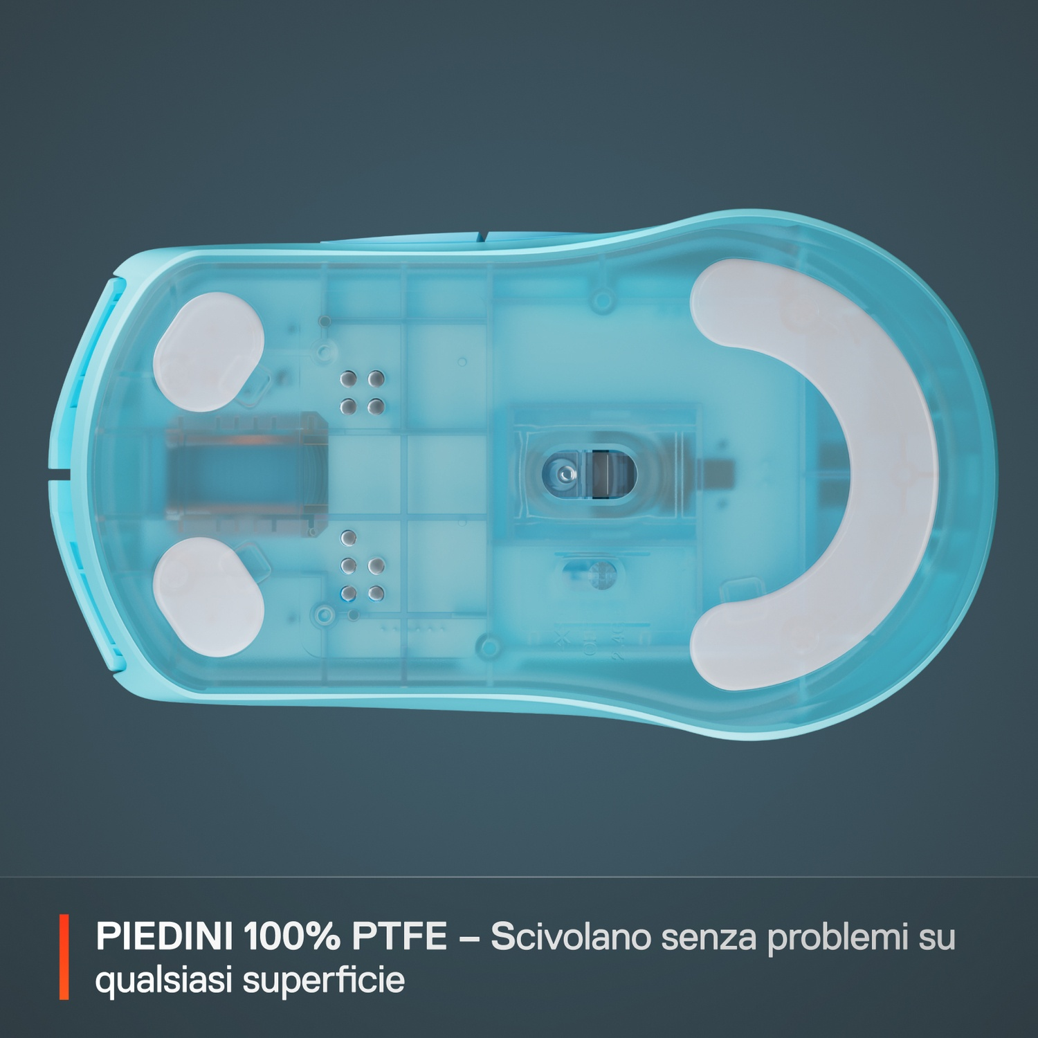 Primo piano del lato inferiore di un mouse blu traslucido.