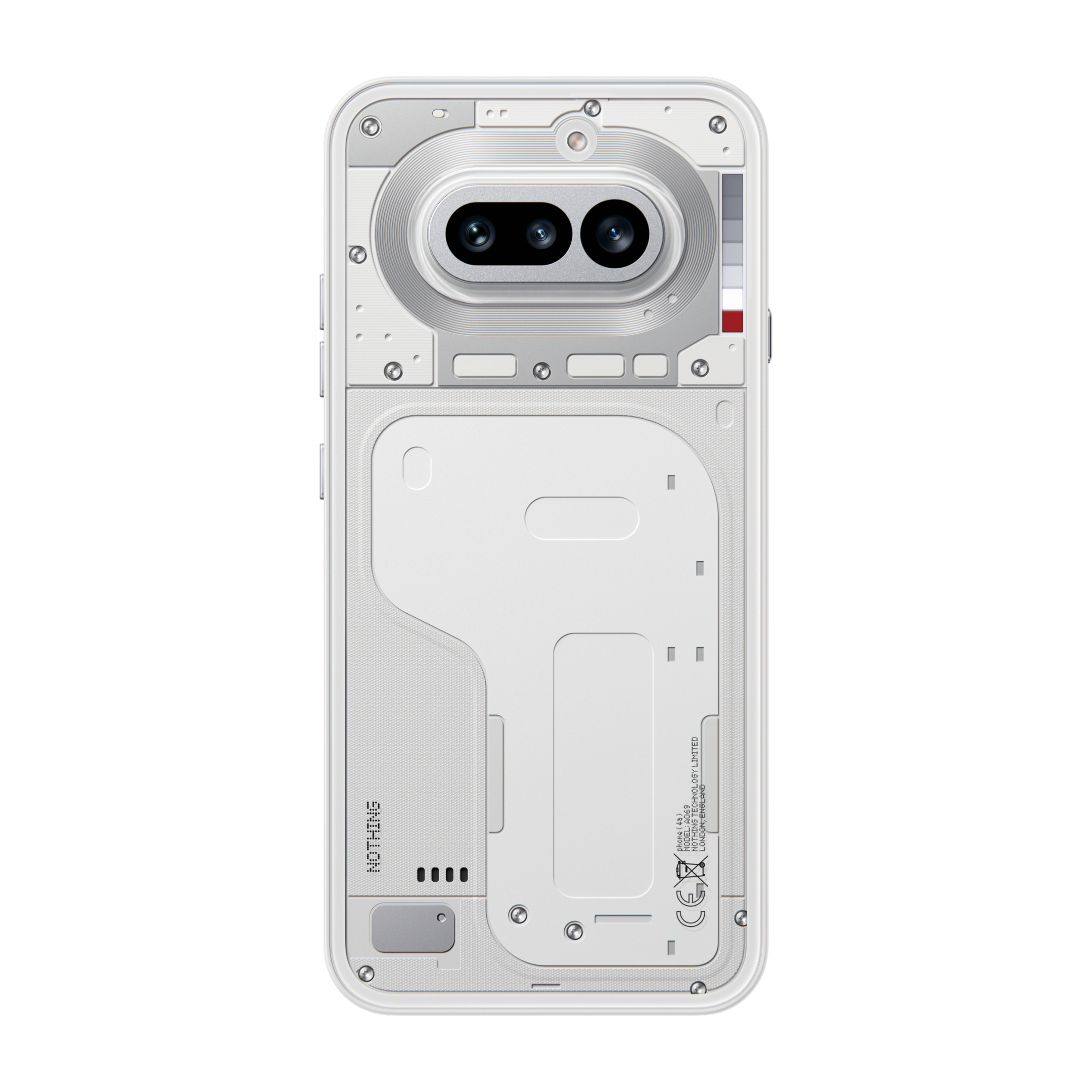 Rückseite eines weißen Smartphones mit zwei Kameras und Schrauben.