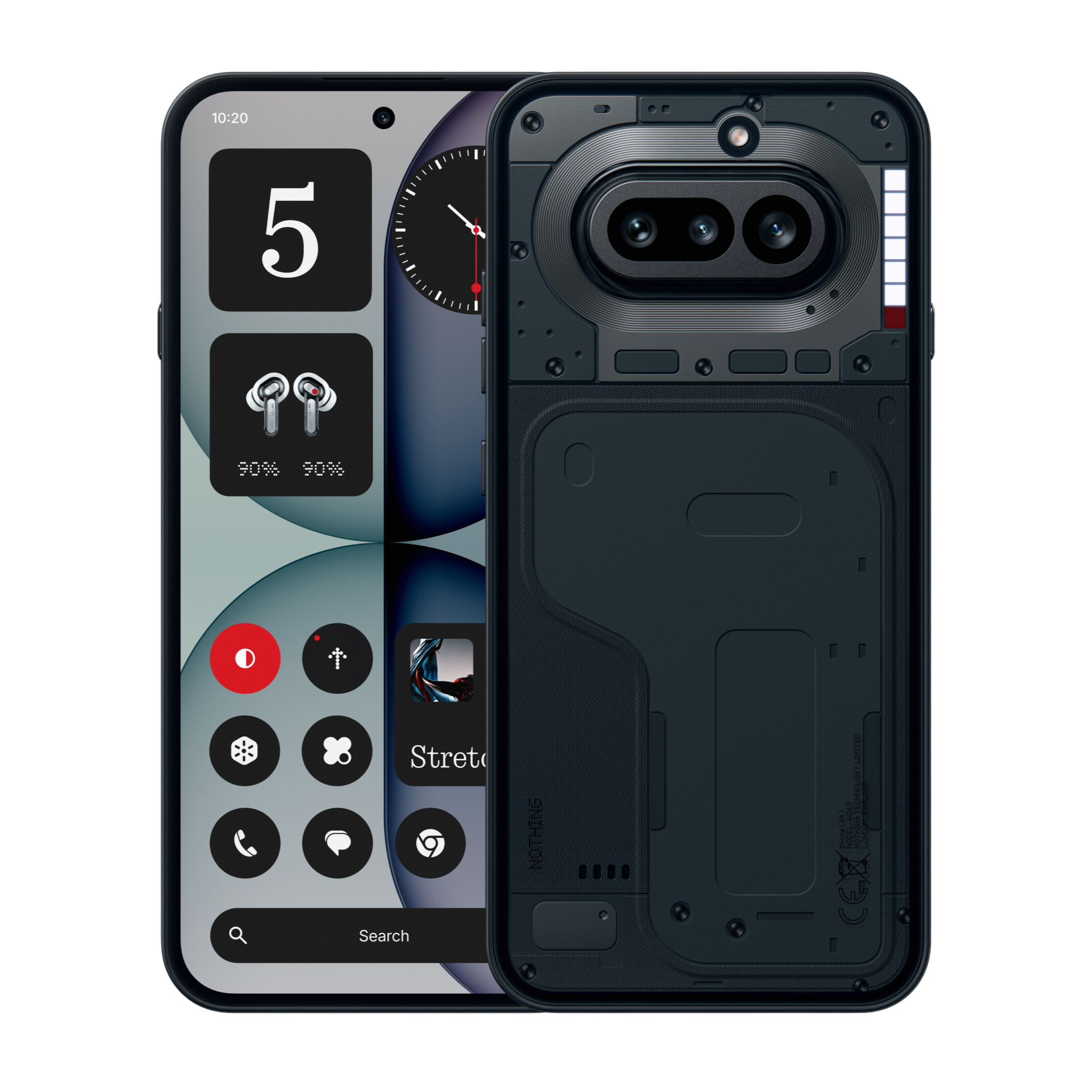 Ein transparentes Handy zeigt seine internen Komponenten, mit Uhr und App-Icons auf dem Bildschirm.