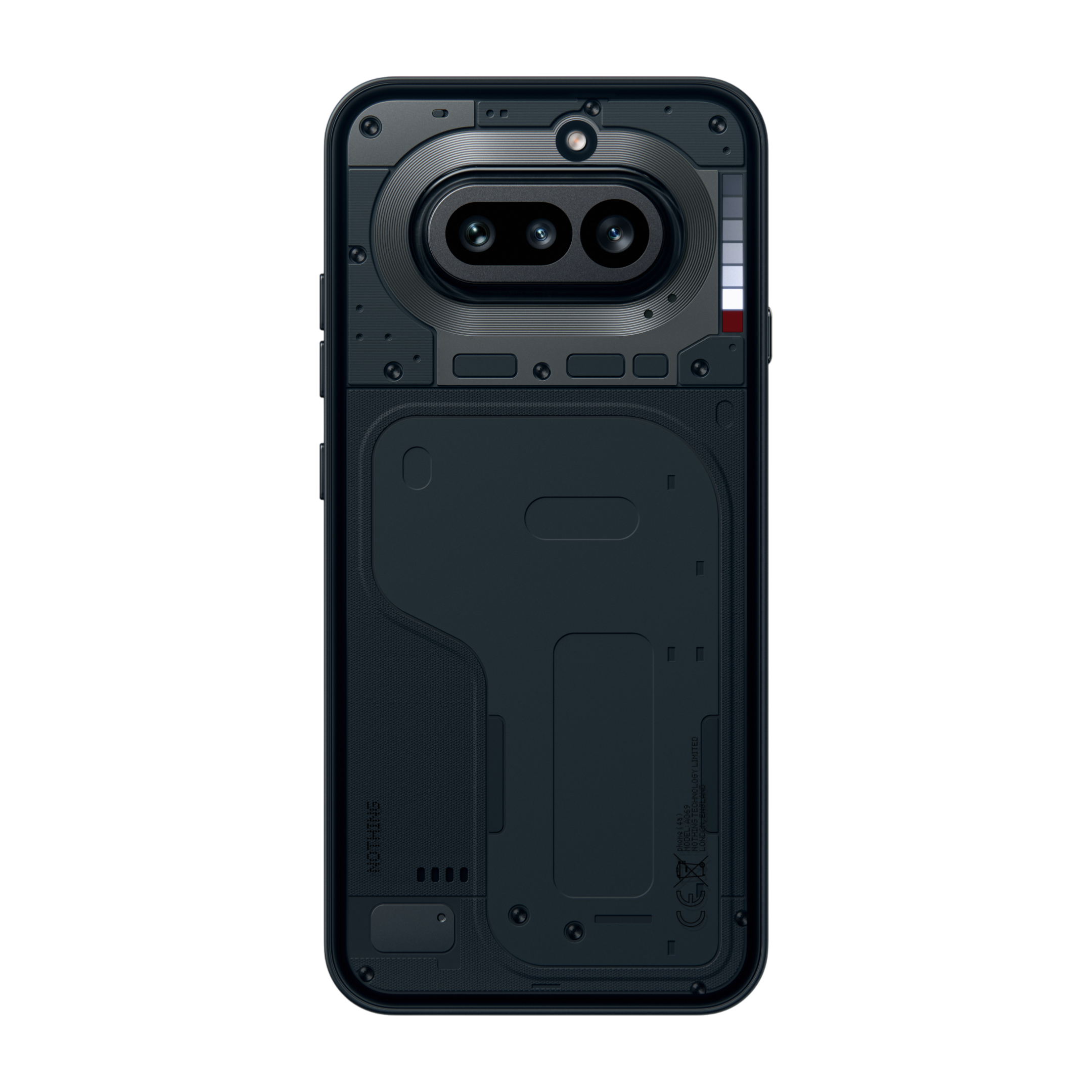 Rückseite eines schwarzen Smartphones mit transparentem Design und zwei Kameras.