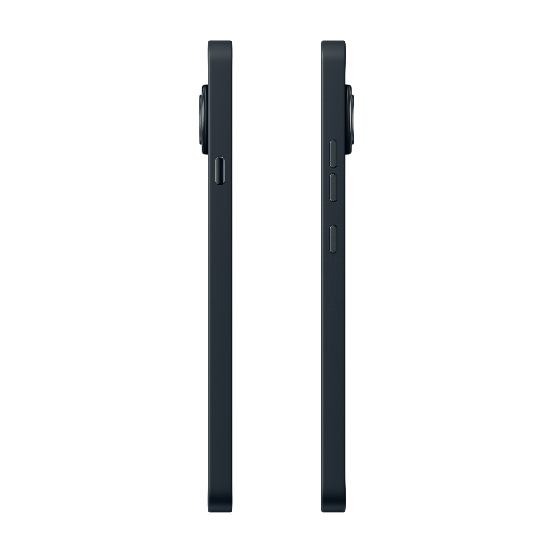 Zwei dunkle Smartphones nebeneinander auf schwarzem Hintergrund. Seitenansicht.
