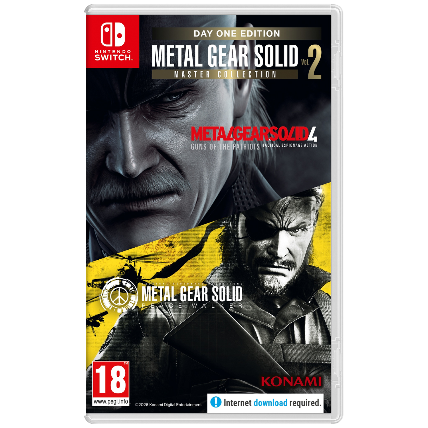 Nintendo Switch gamehoes met Metal Gear Solid 2 & 4 cover art. Inclusief PEGI 18.