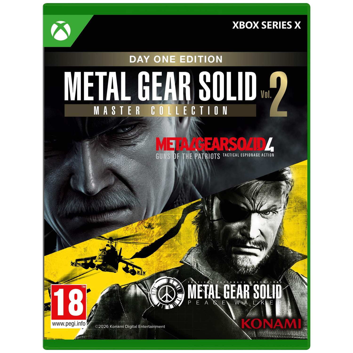 Xbox Series X hoes: Metal Gear Solid Master Collection met Snake en helikopter.
