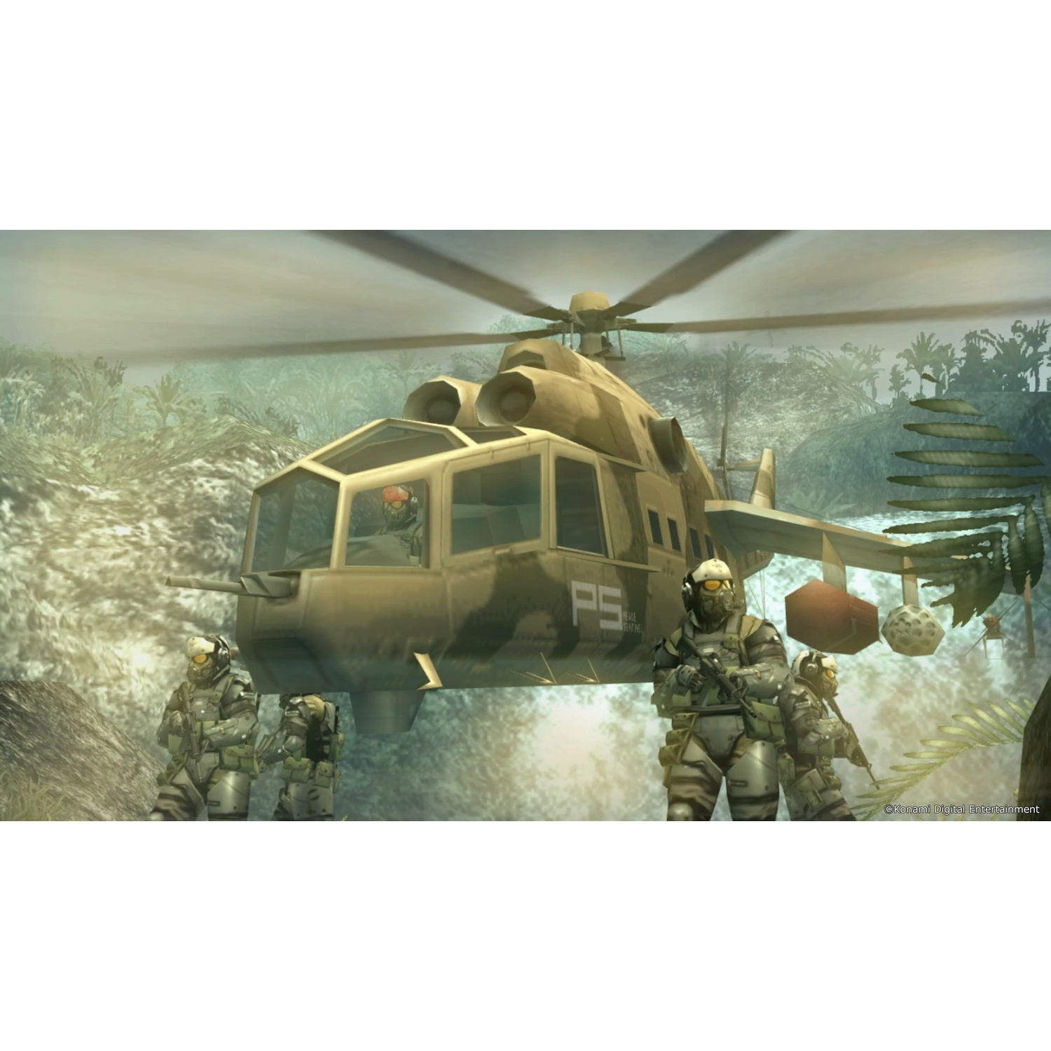 Soldaten in camouflage staan voor een helikopter in de jungle.