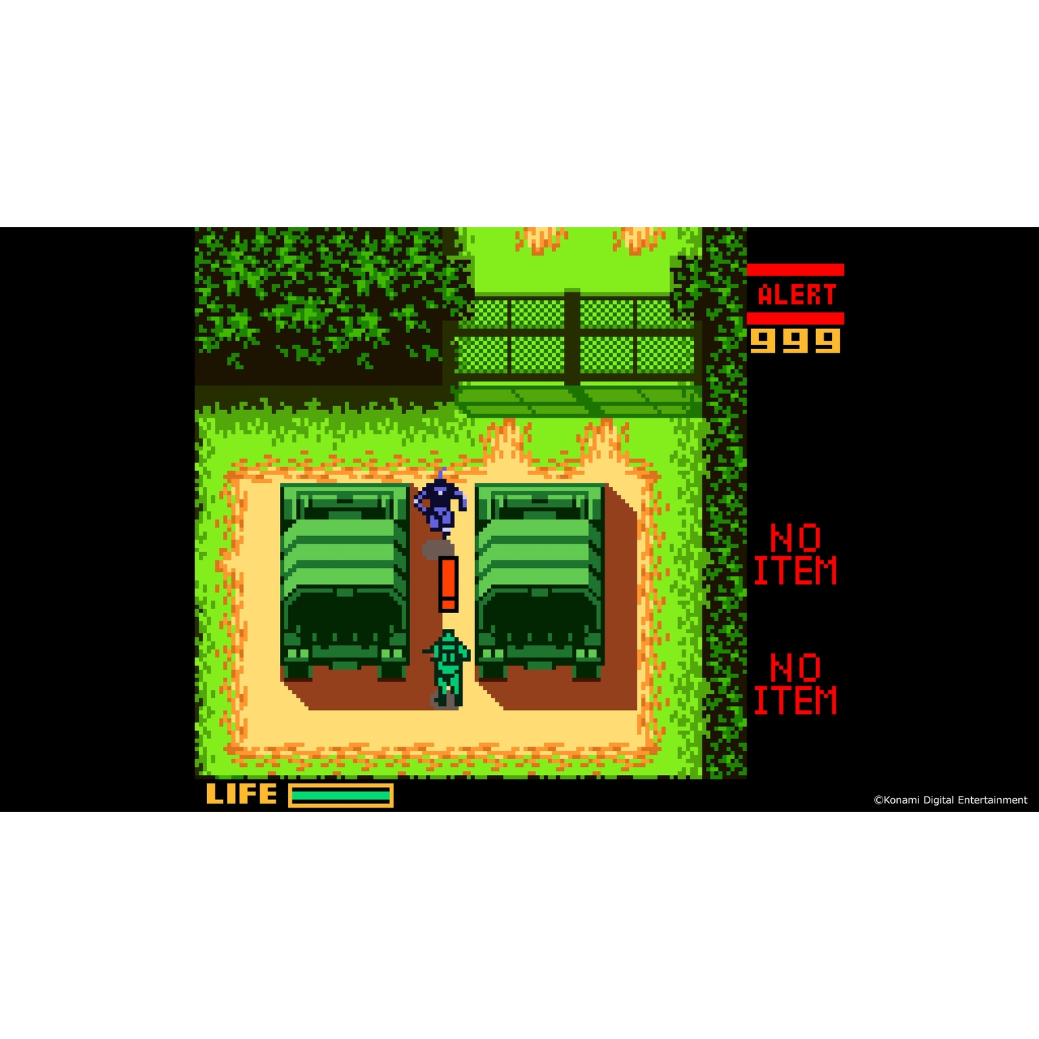 Pixel game scene met twee groene vrachtwagens, twee figuren en een alert display.
