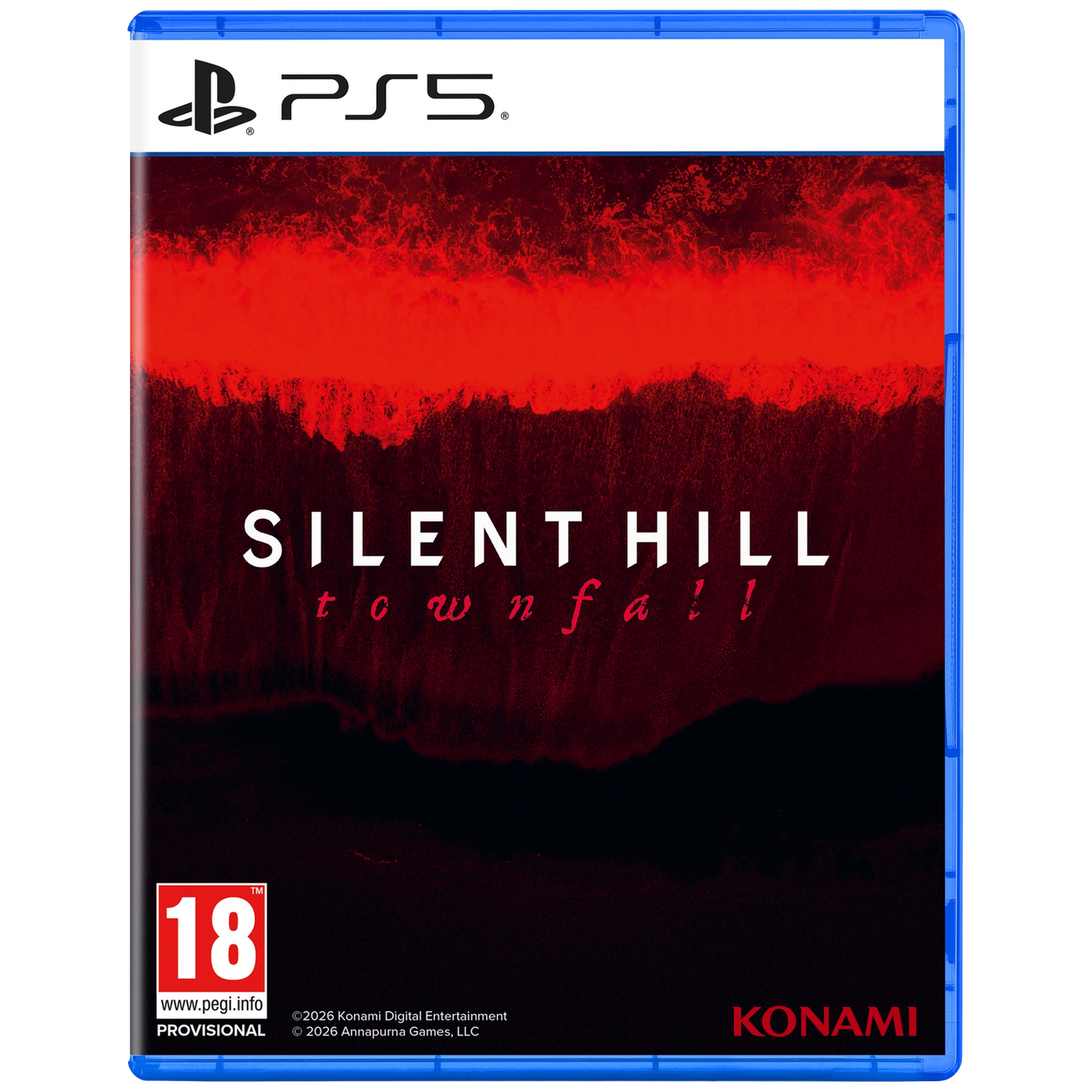 PlayStation 5 hoes voor Silent Hill: Townfall met rood-zwarte achtergrond.