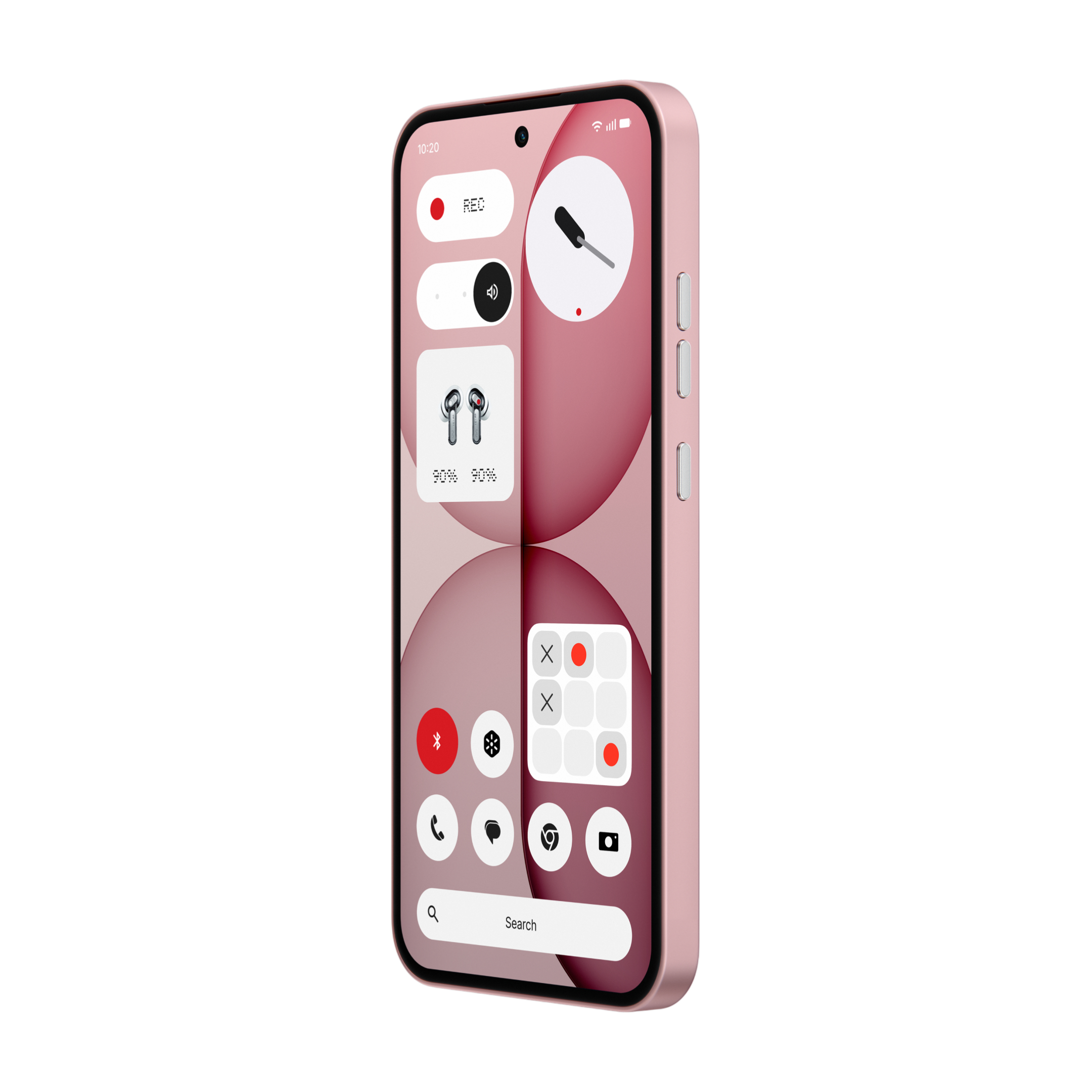 Ein rosafarbenes Smartphone mit einem roten Einschaltknopf und verschiedenen Symbolen auf dem Bildschirm.