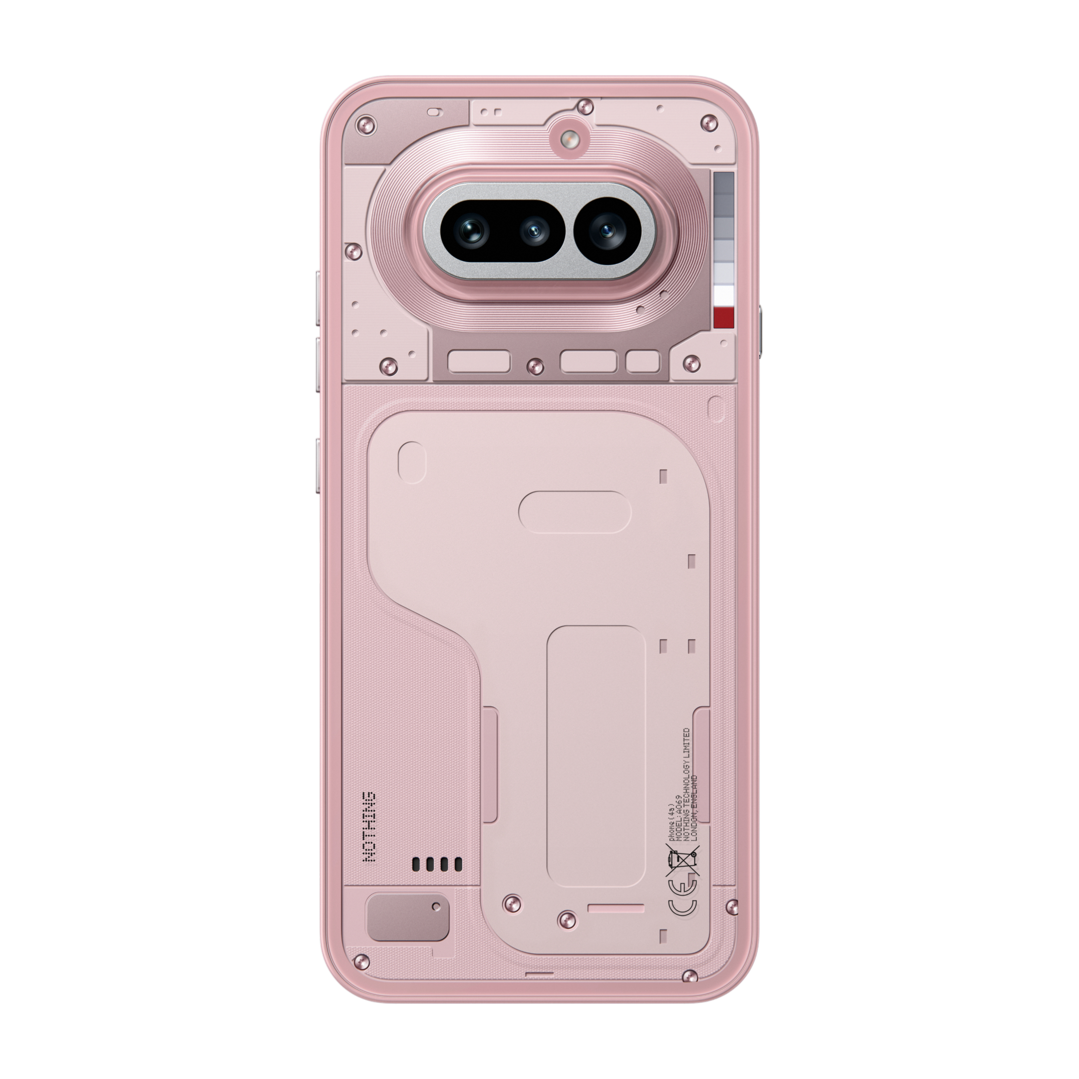 Rückseite eines rosafarbenen Smartphones mit sichtbaren Schrauben und Kamera.