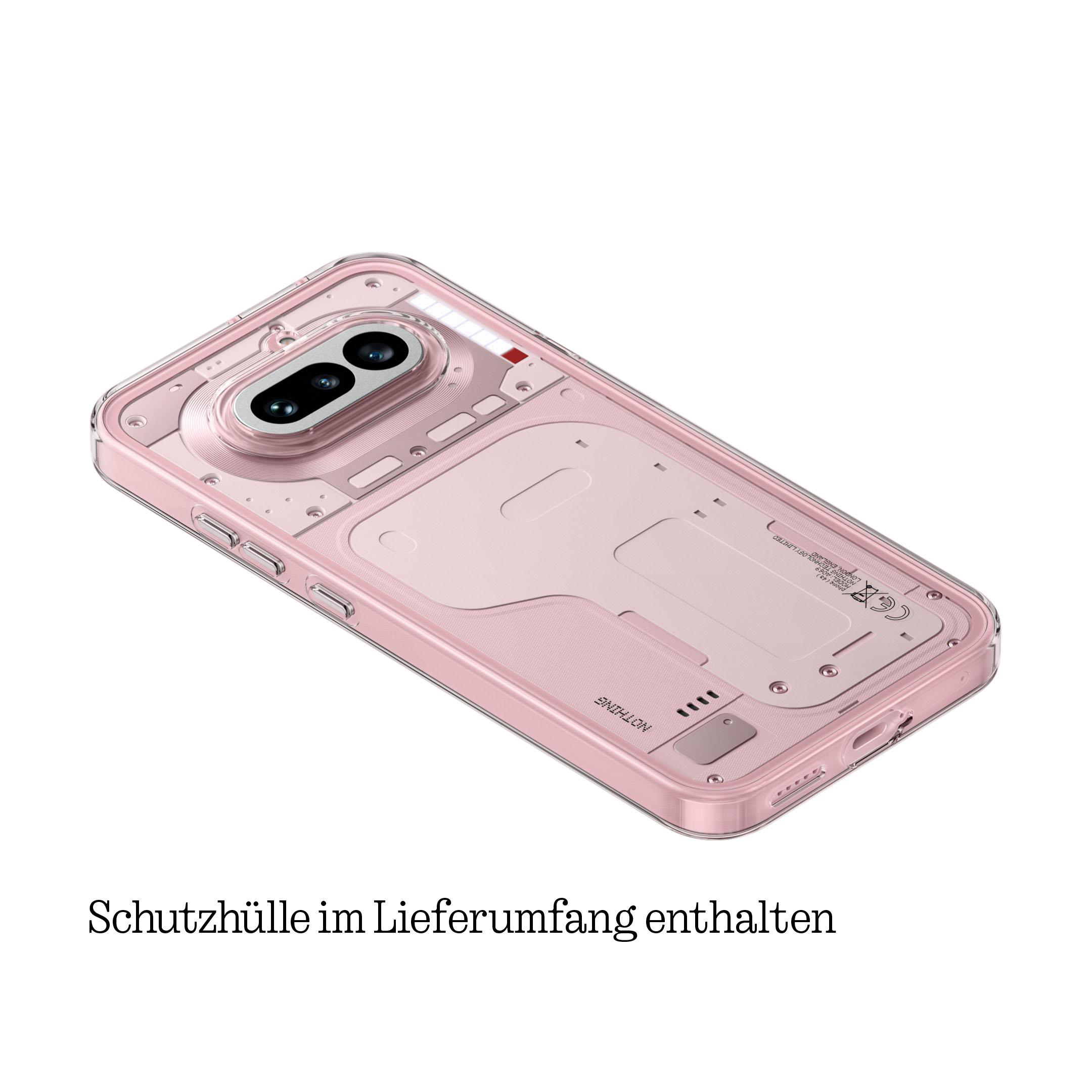 Transparente rosafarbene Schutzhülle für ein Smartphone mit Kameramodul.