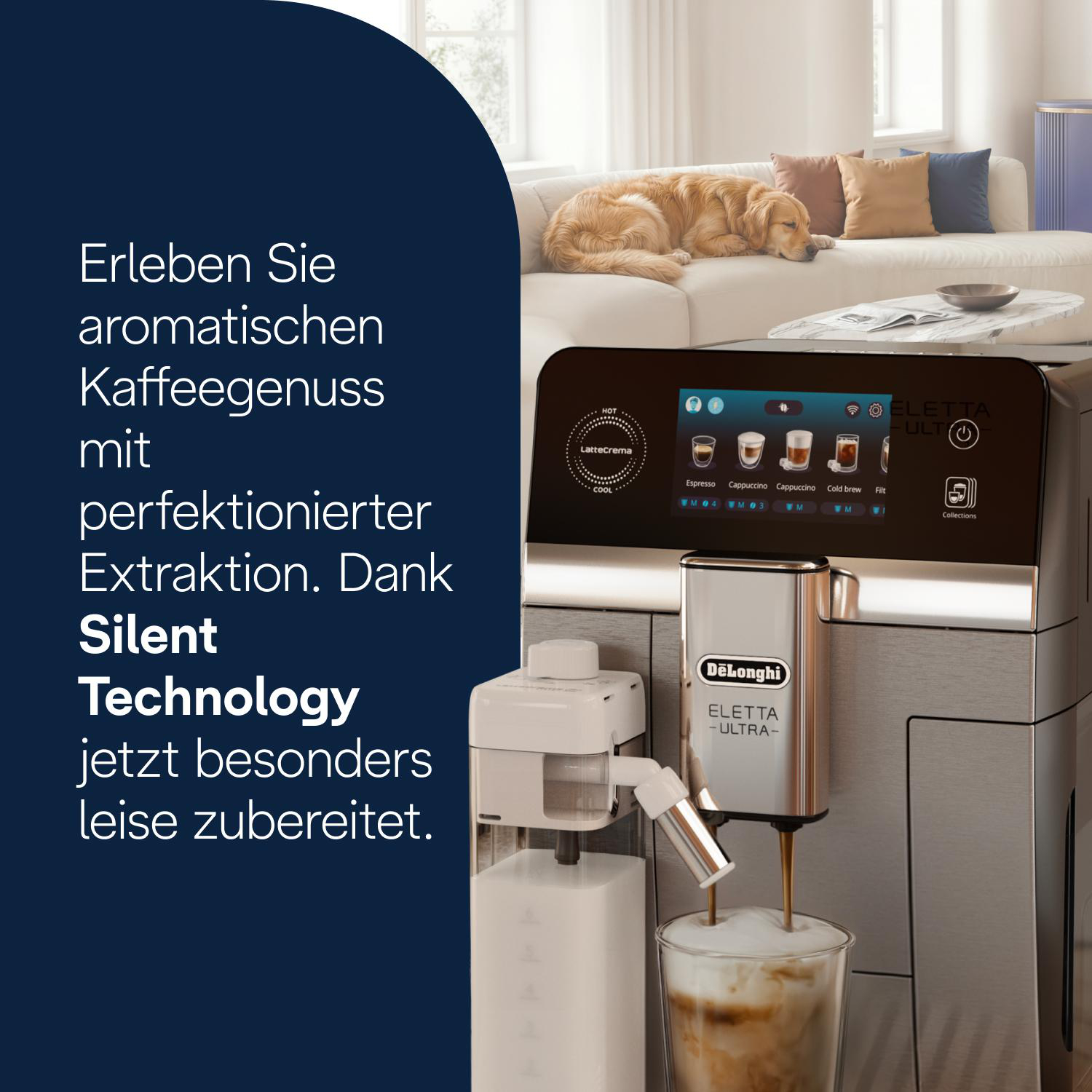 Kaffeemaschine brüht einen Cappuccino, während ein Hund auf dem Sofa schläft.