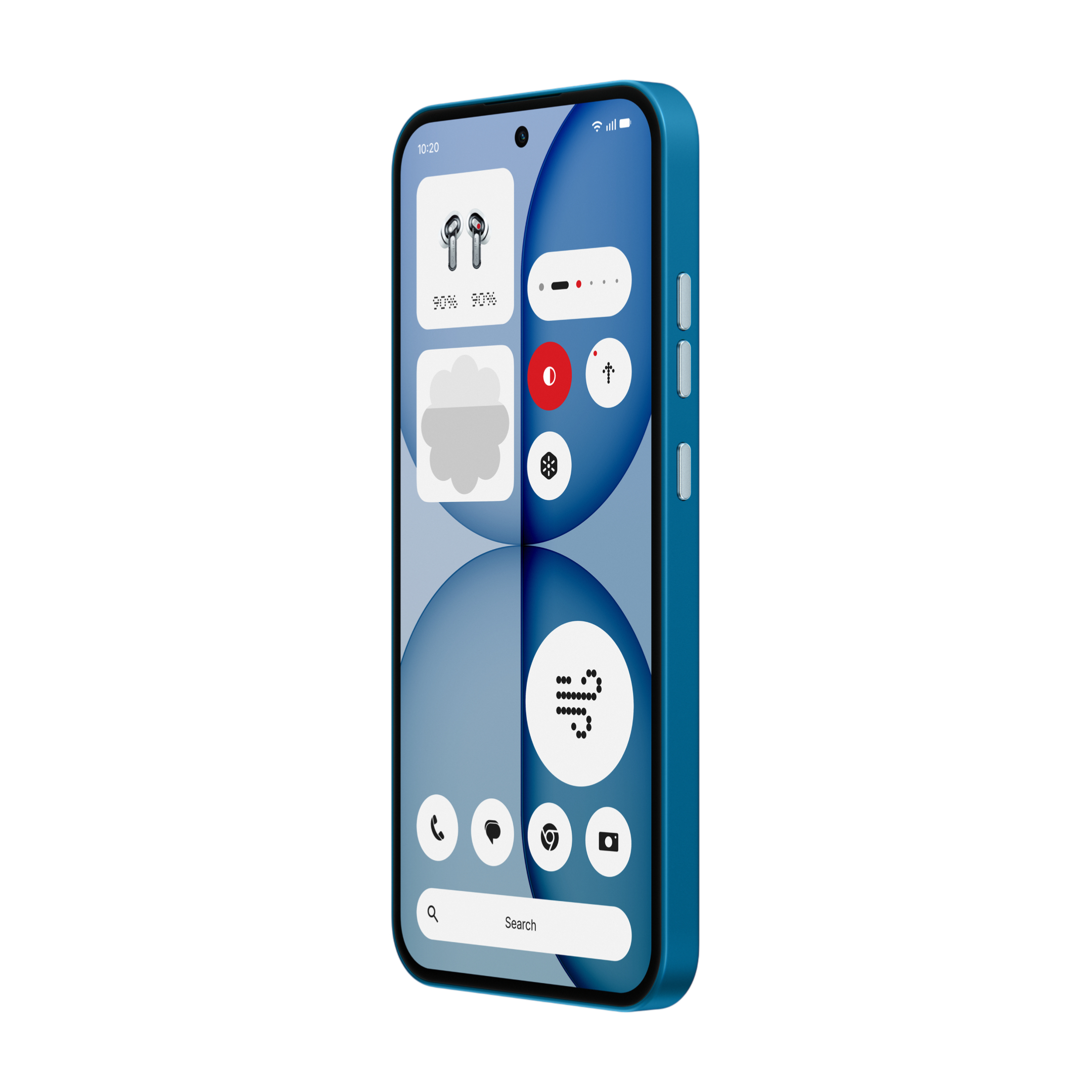 Ein blaues Smartphone mit Widgets: Kopfhörer, Wetter, Musiksteuerung und mehr.