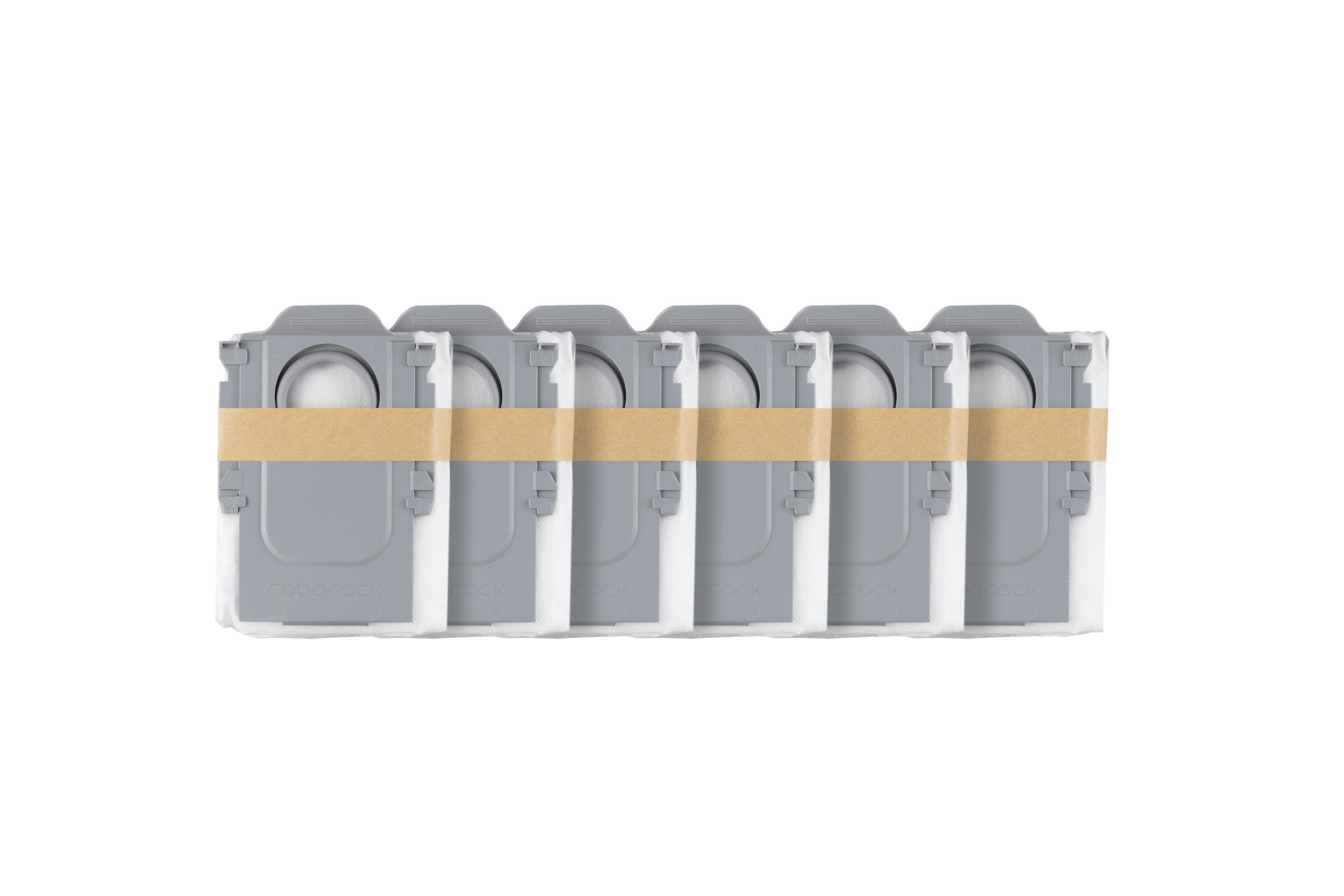 Sechs graue Roboterstaubsaugerbeutel, gebunden mit einem Band.