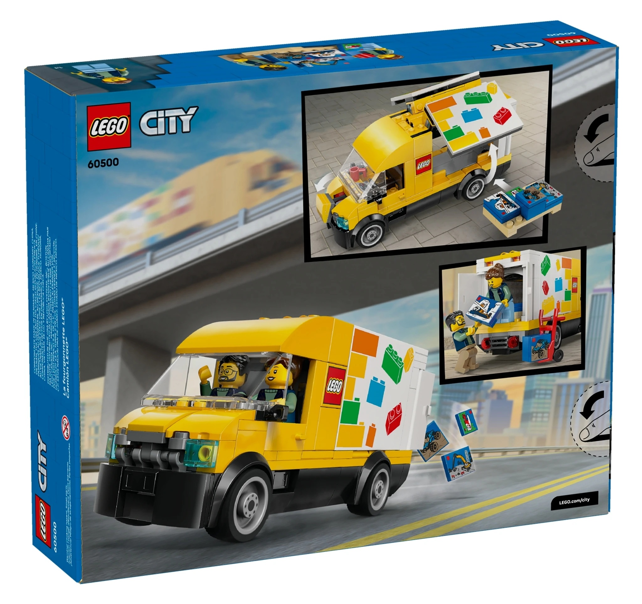 Pudełko Lego City pokazujące żółtą ciężarówkę z kolorowymi klockami i figurkami.