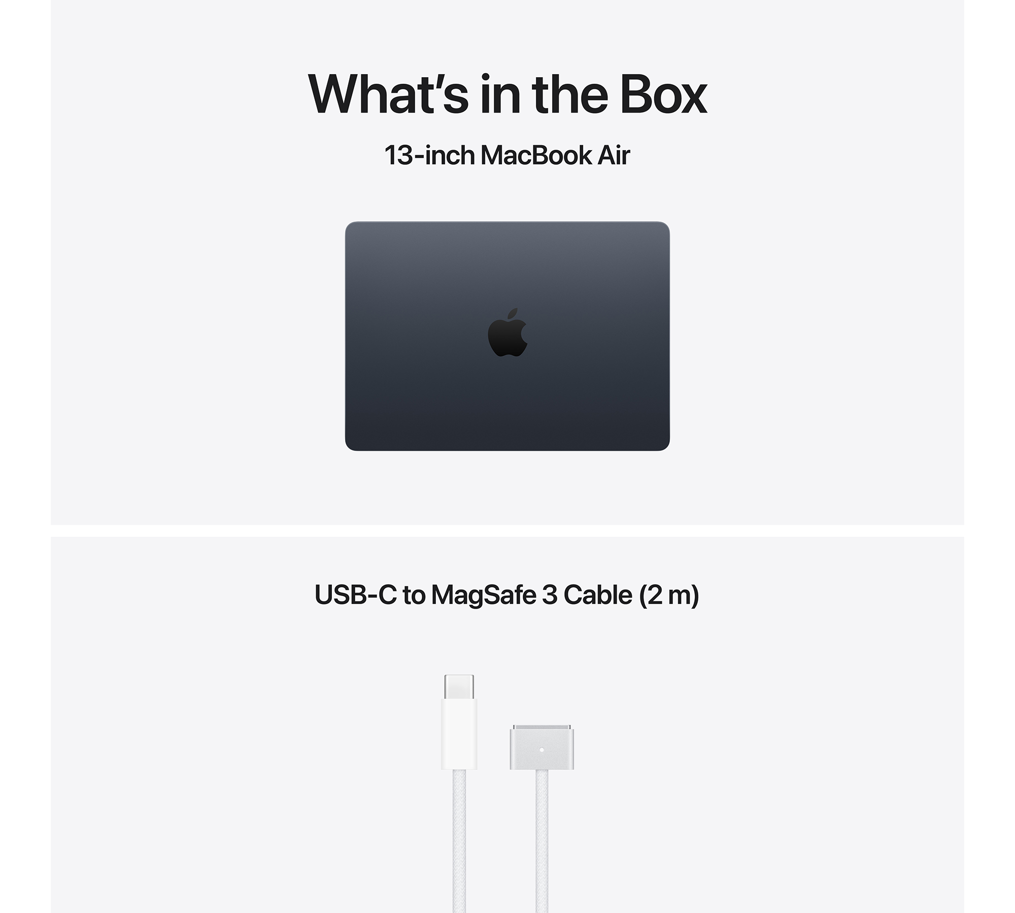 Egy sötét 13 hüvelykes MacBook Air és egy USB-C - MagSafe 3 kábel.