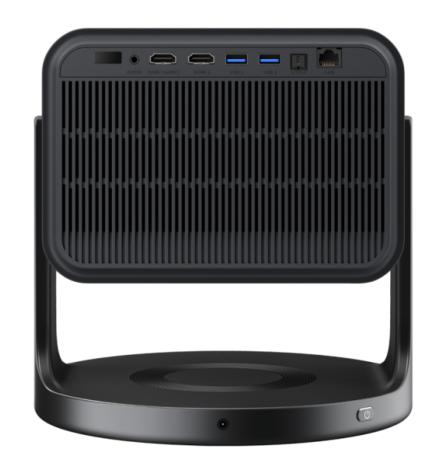 Czarny projektor z tyłu z portami: Audio, HDMI, USB i LAN.