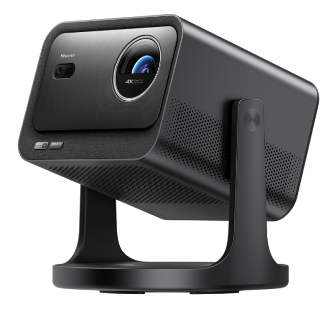 Czarny projektor Hisense z technologią 4K na stojaku.