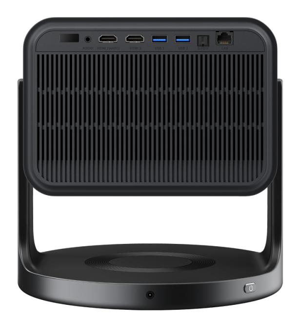 Widok z tyłu czarnego projektora z portami: Audio, HDMI, USB, S/PDIF i LAN.