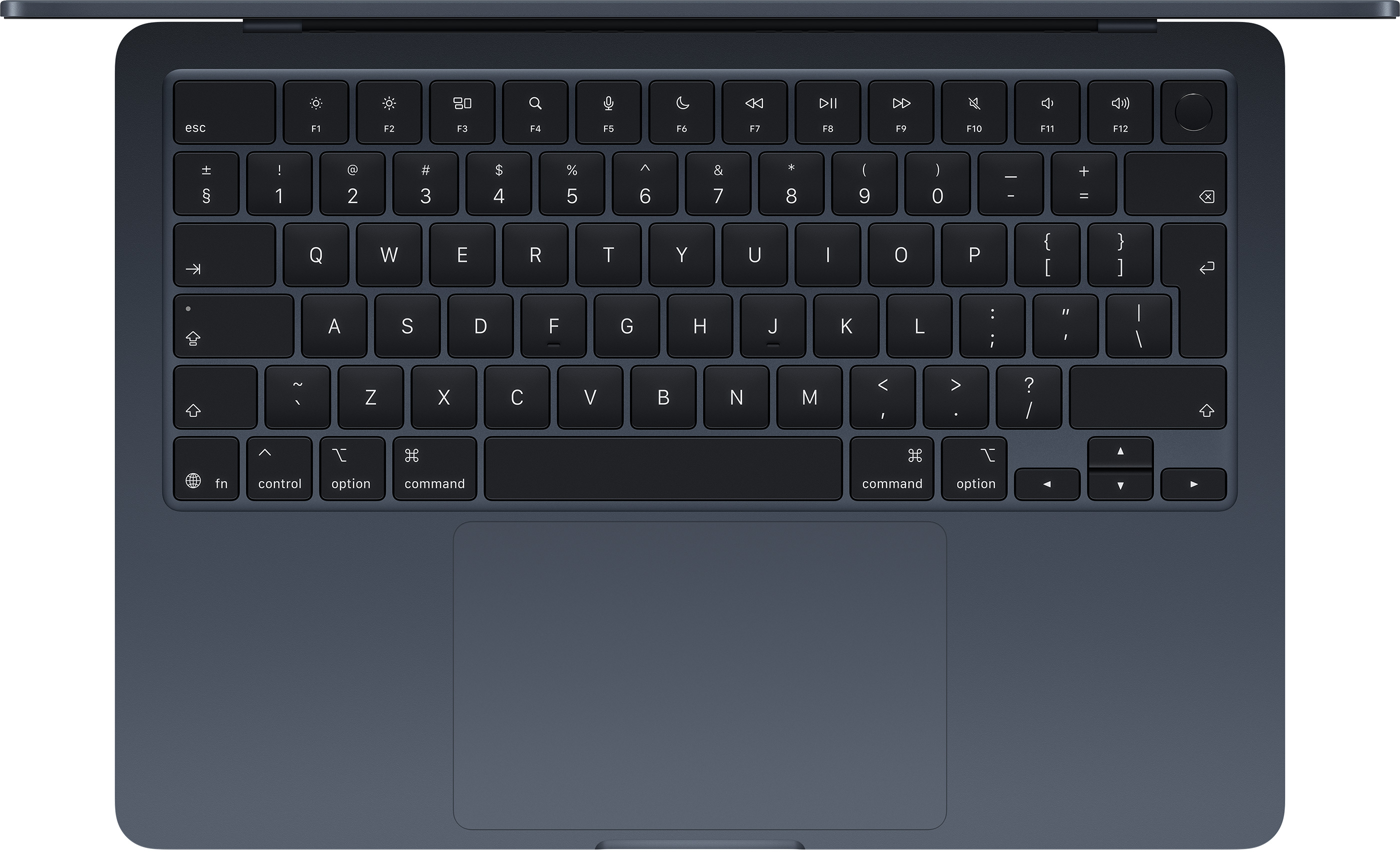 Sötétszürke laptop billentyűzet érintőpaddal és háttérvilágítású gombokkal.