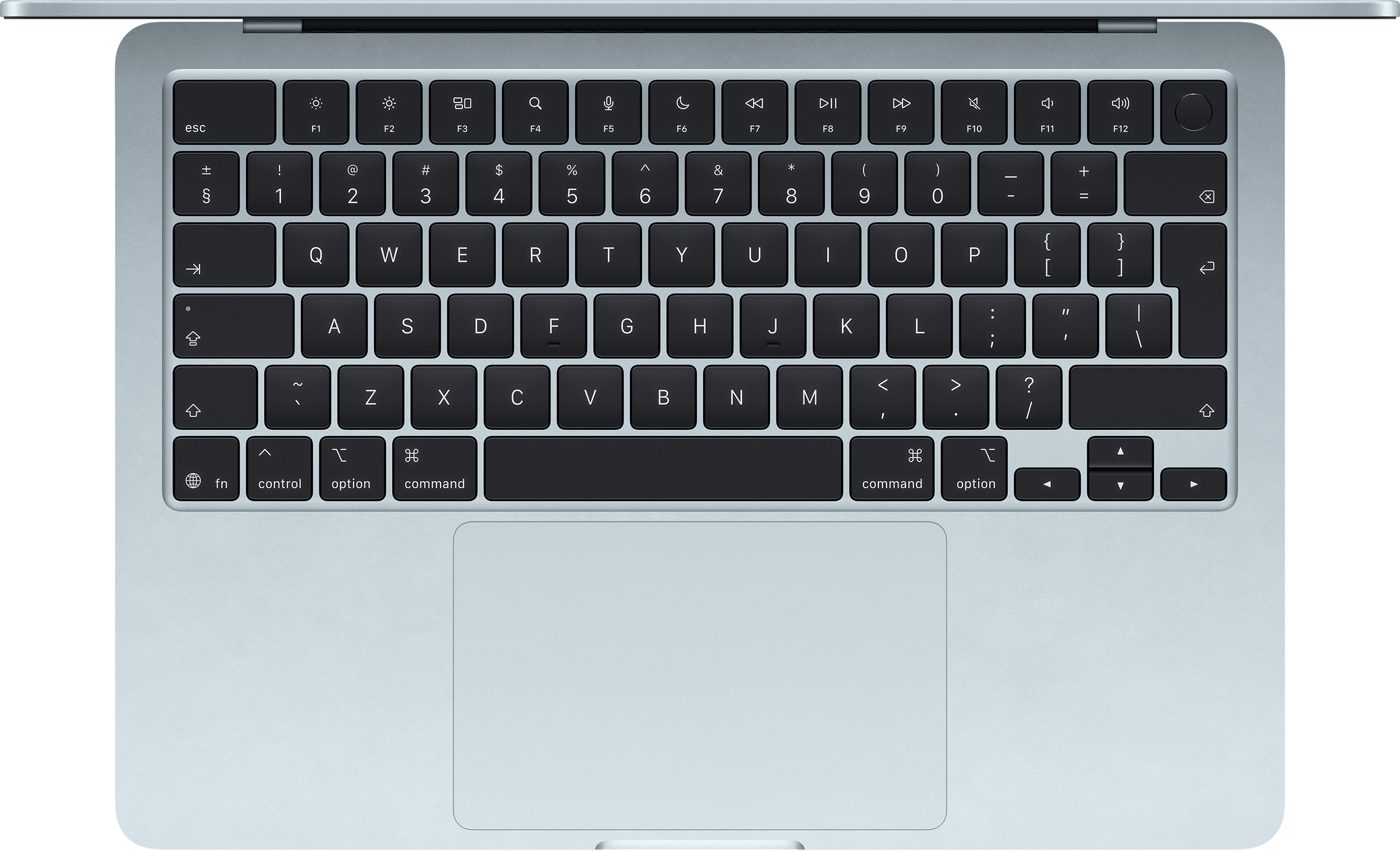 Világoskék laptop billentyűzet és touchpad közelről.