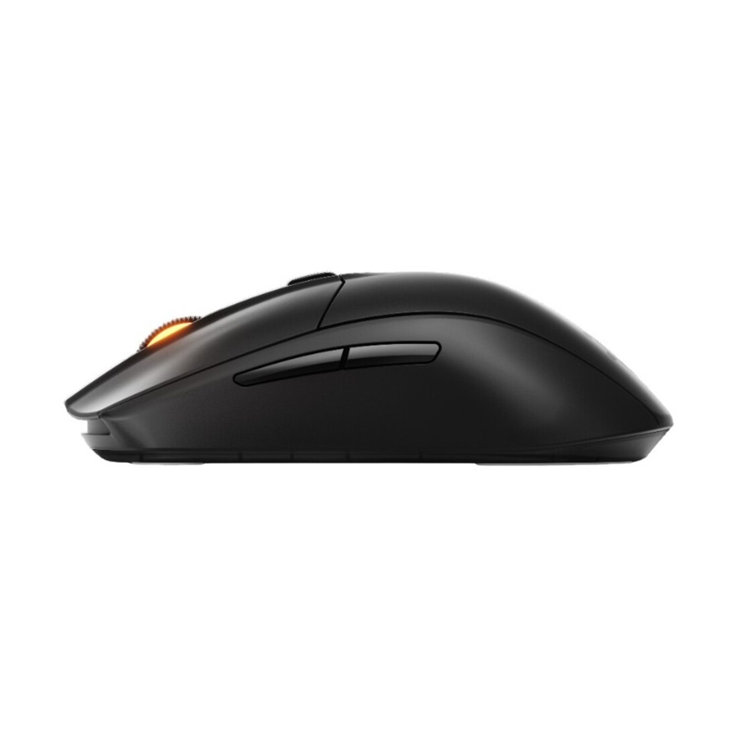 Mouse nero con rotellina illuminata, pulsanti laterali e design ergonomico.
