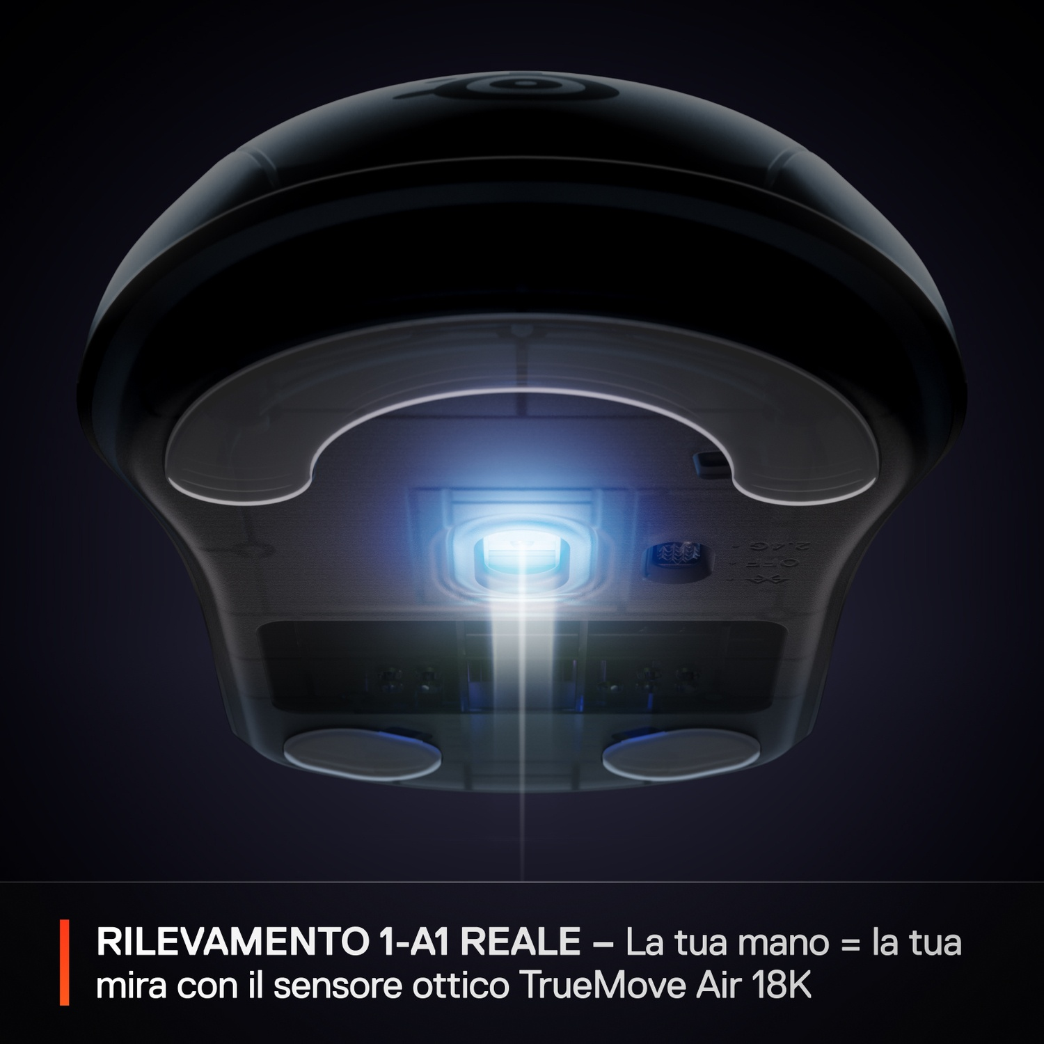 Parte inferiore mouse nero con sensore luminoso blu e testo.
