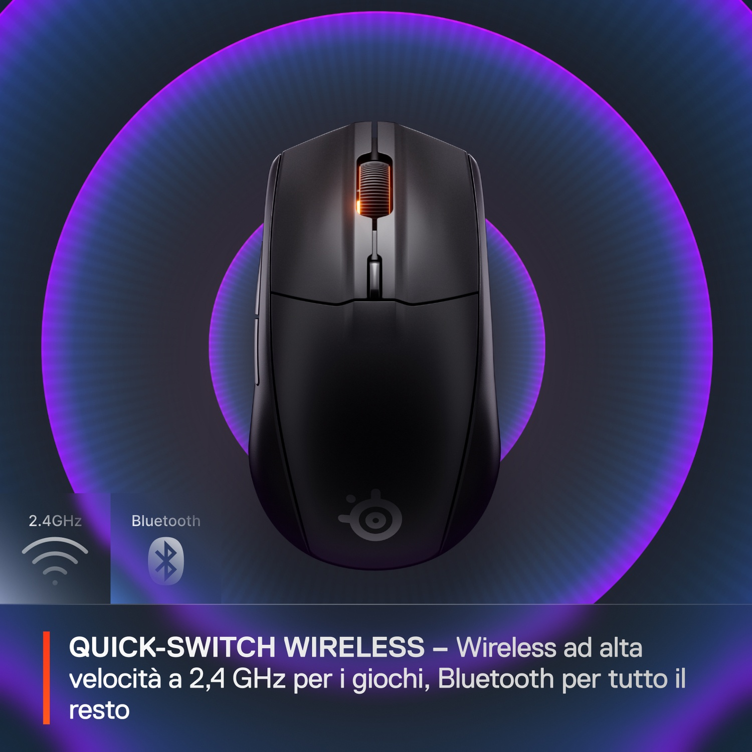 Mouse gaming nero con rotella illuminata, su onde viola.