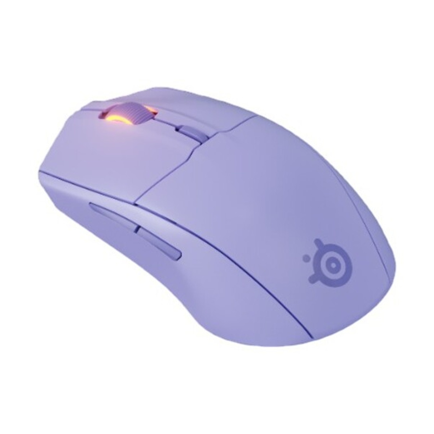Un mouse wireless da gaming viola chiaro con rotellina di scorrimento arancione luminosa.