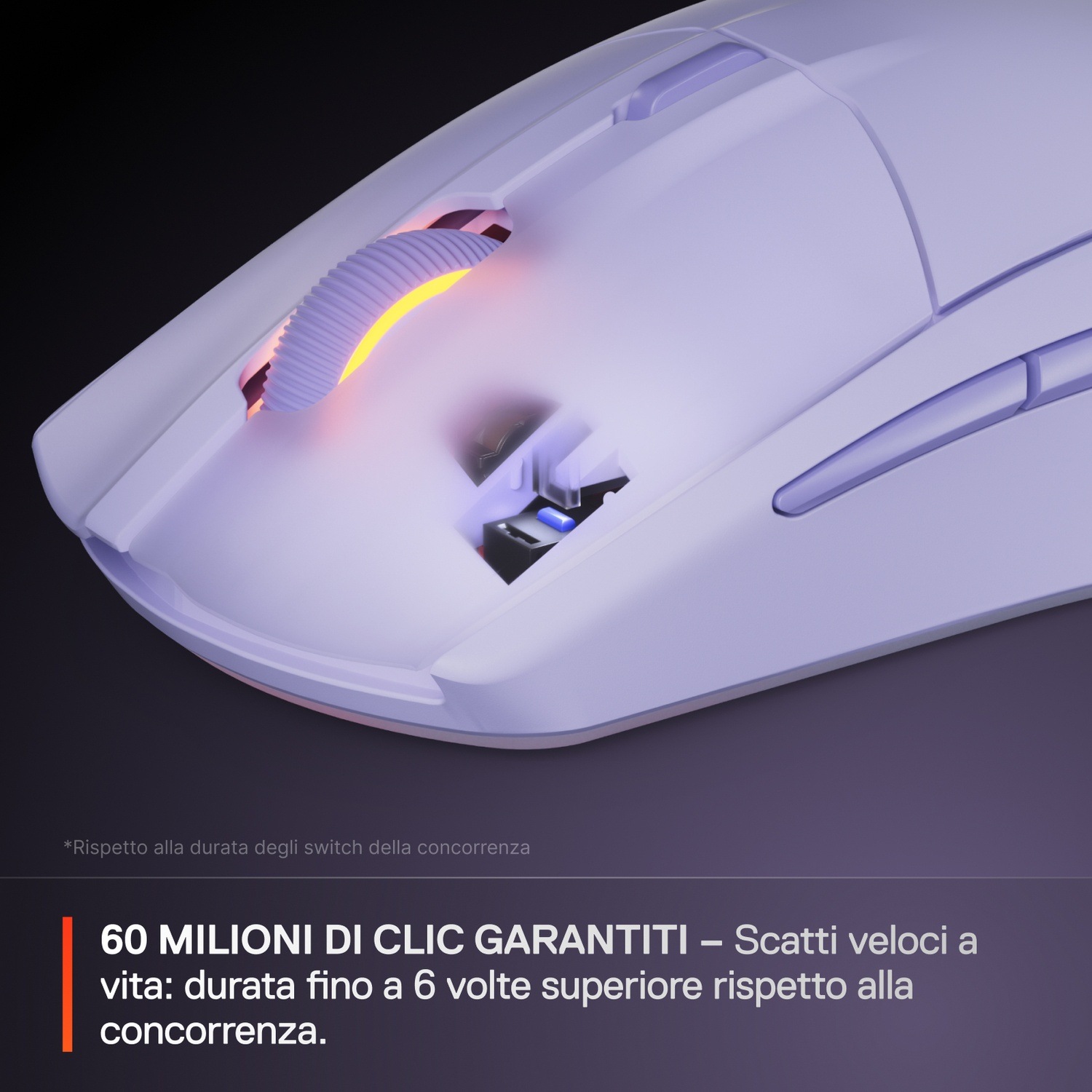 Un primo piano di un mouse bianco con elementi illuminati e testo.