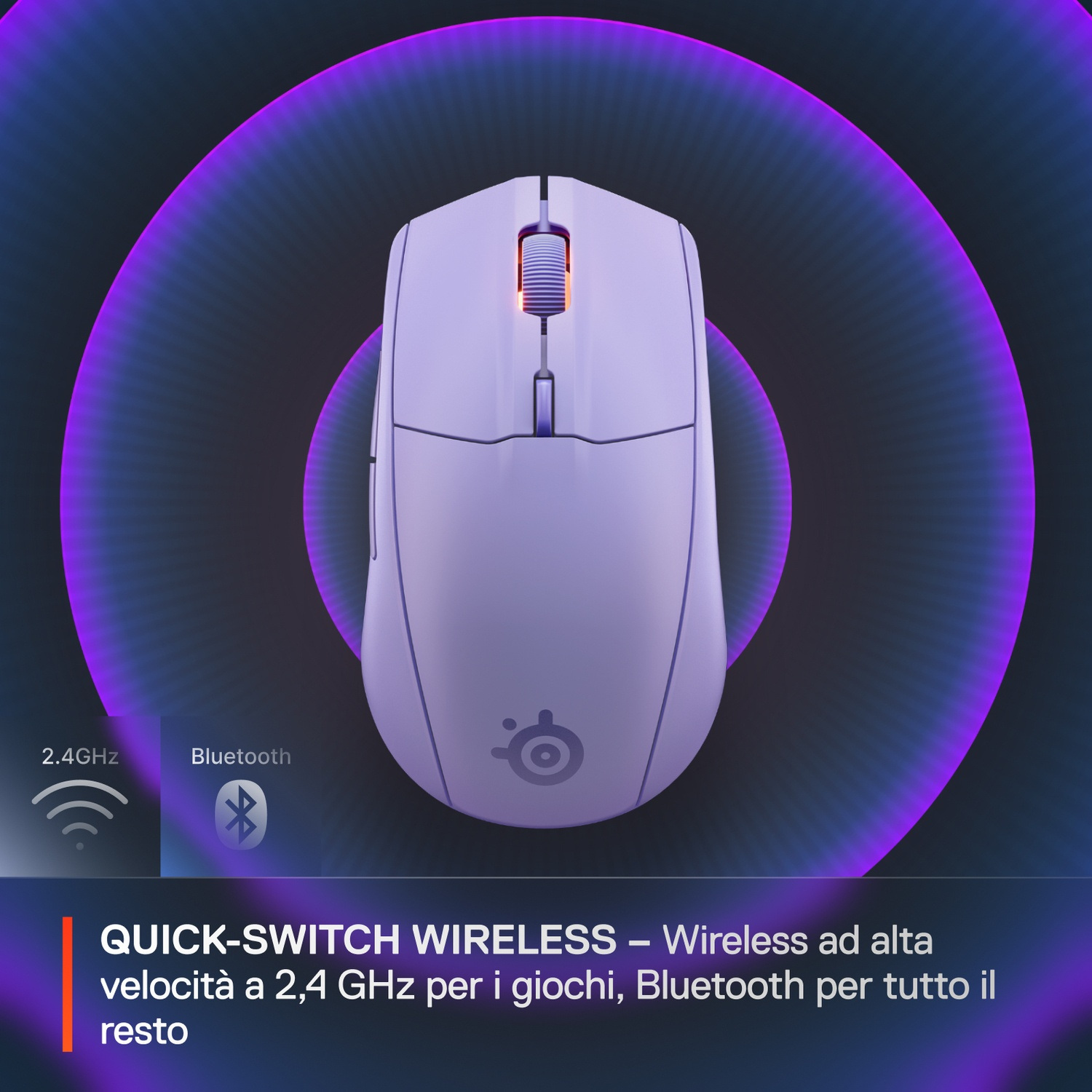 Un mouse wireless bianco con anelli viola sullo sfondo. 2,4 GHz e Bluetooth.