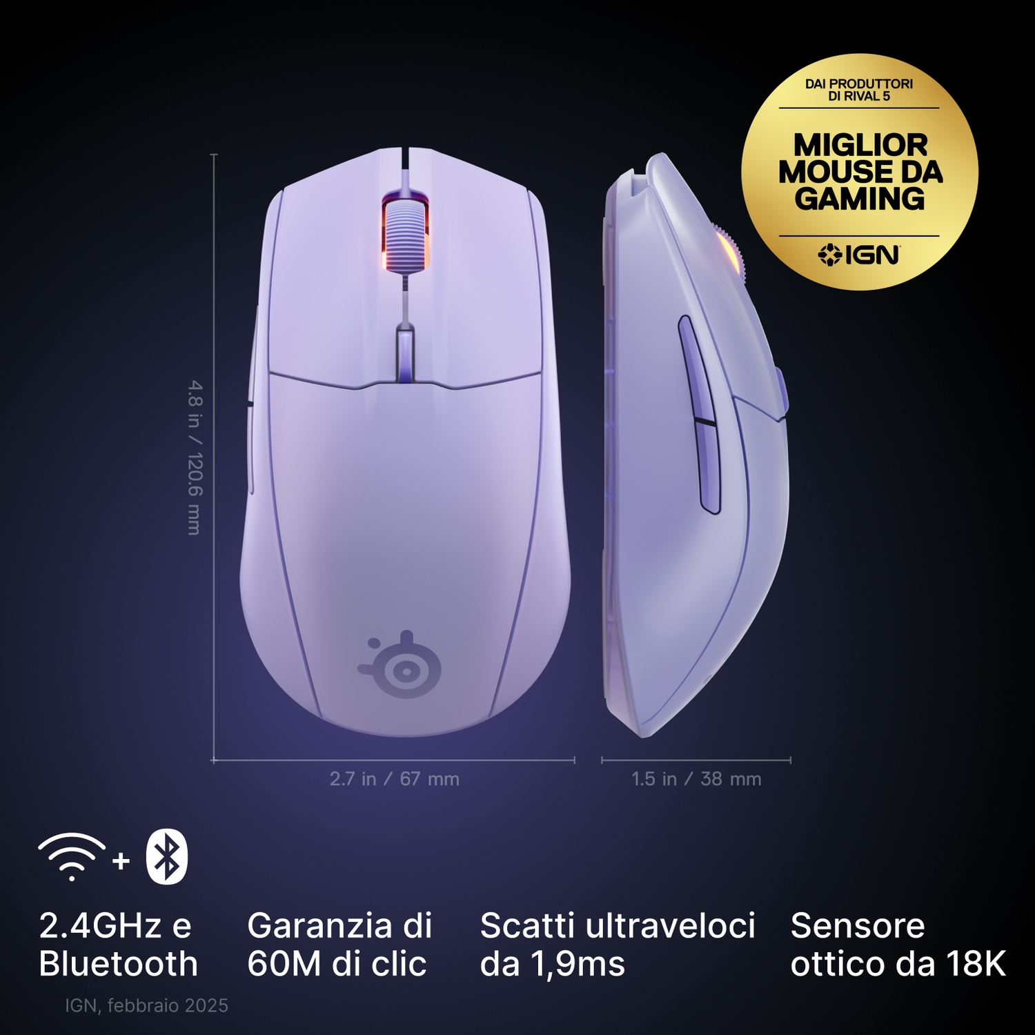 Un set di mouse gaming viola con dimensioni e caratteristiche.