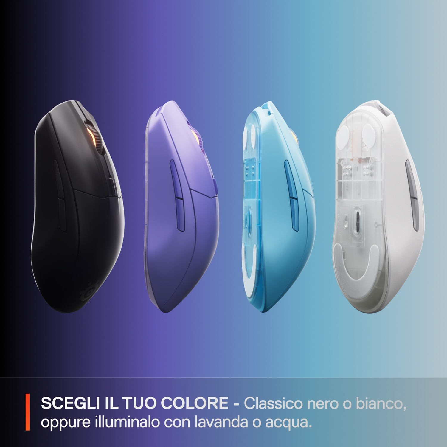 Quattro mouse per computer neri, viola, blu e bianchi su sfondo sfumato.