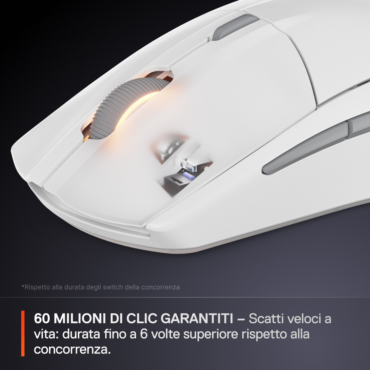 Primo piano di un mouse gaming bianco, con rotellina illuminata e switch blu.
