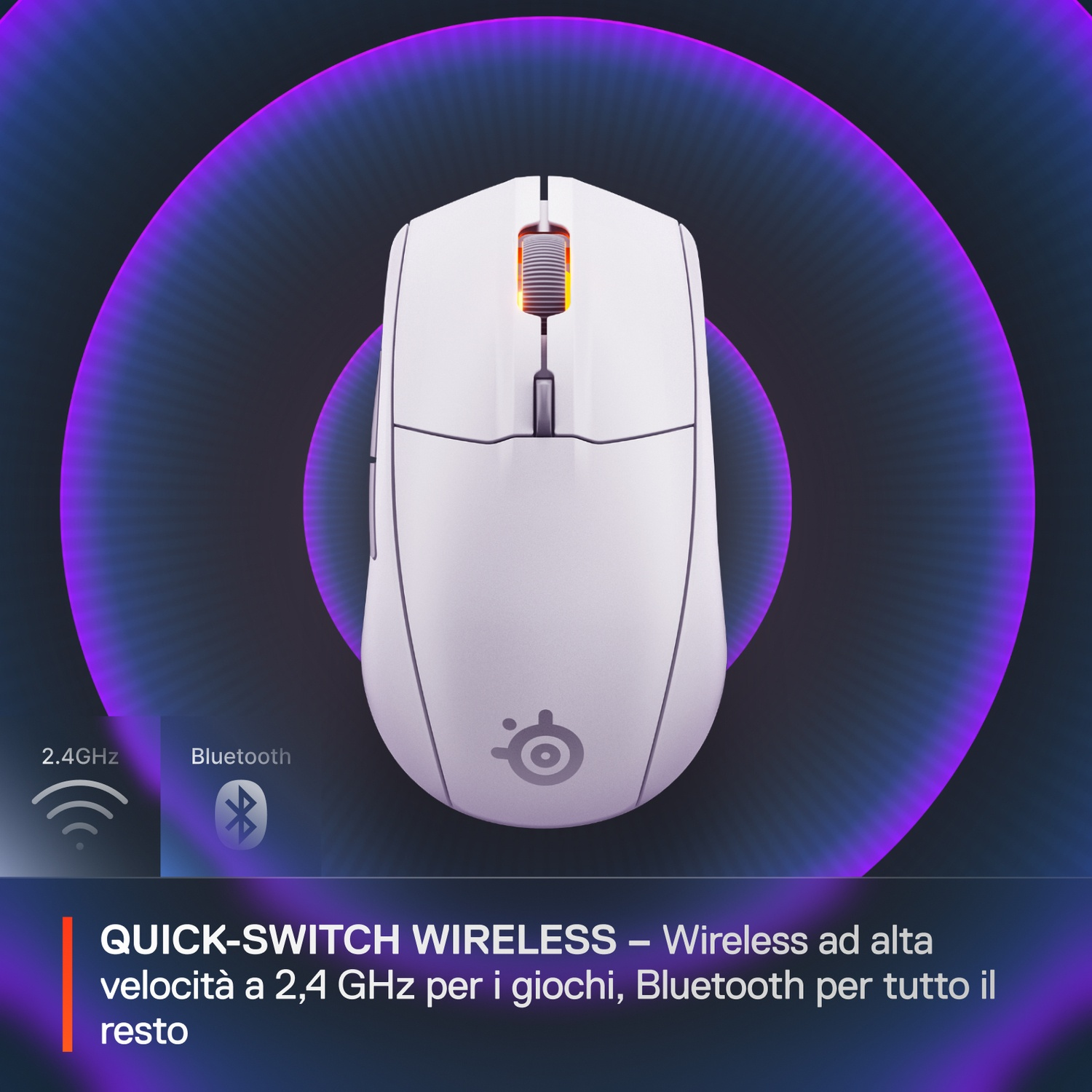 Mouse wireless bianco con luce arancione, anelli luminosi viola.