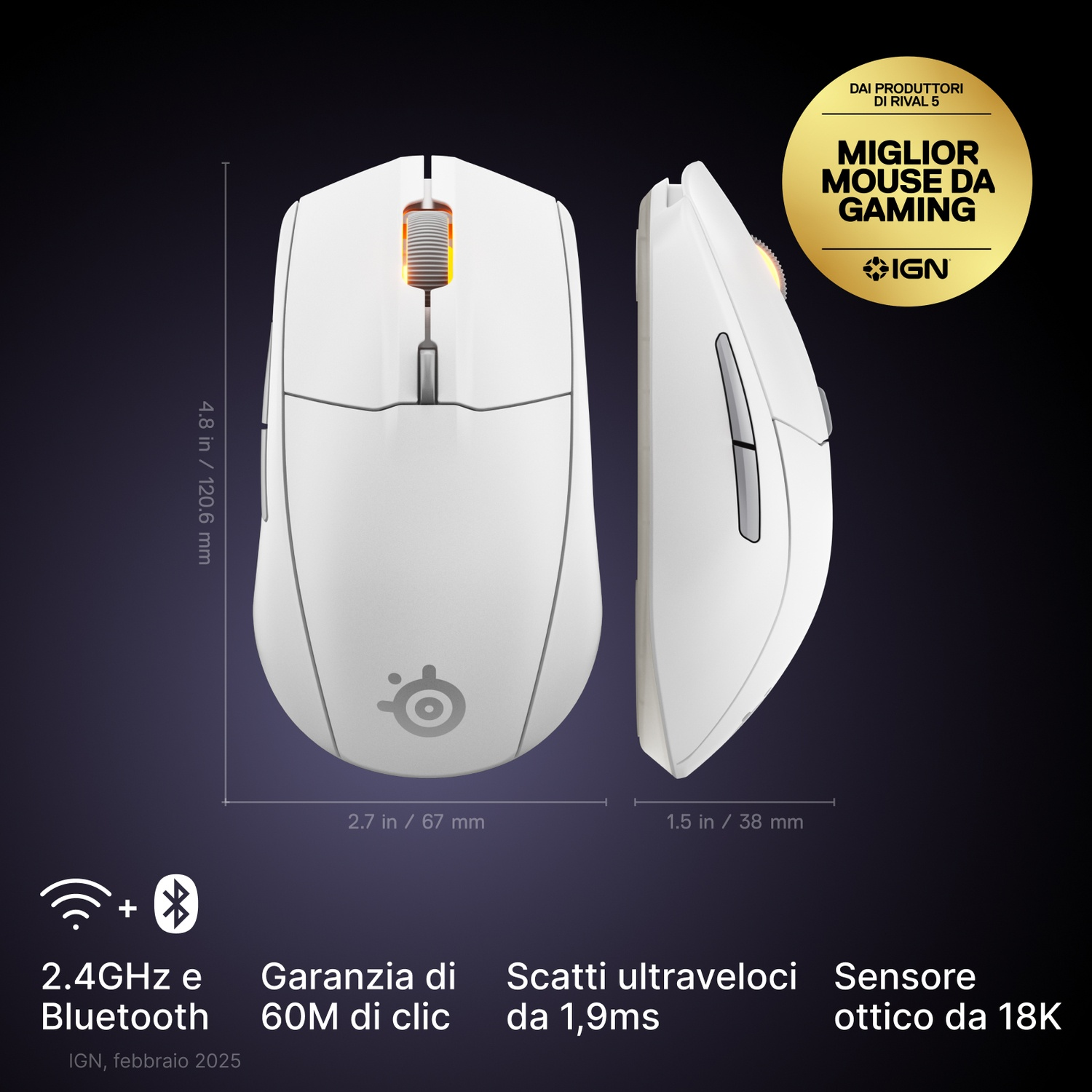 Mouse da gaming bianco con rotellina illuminata, dimensioni e premio IGN.