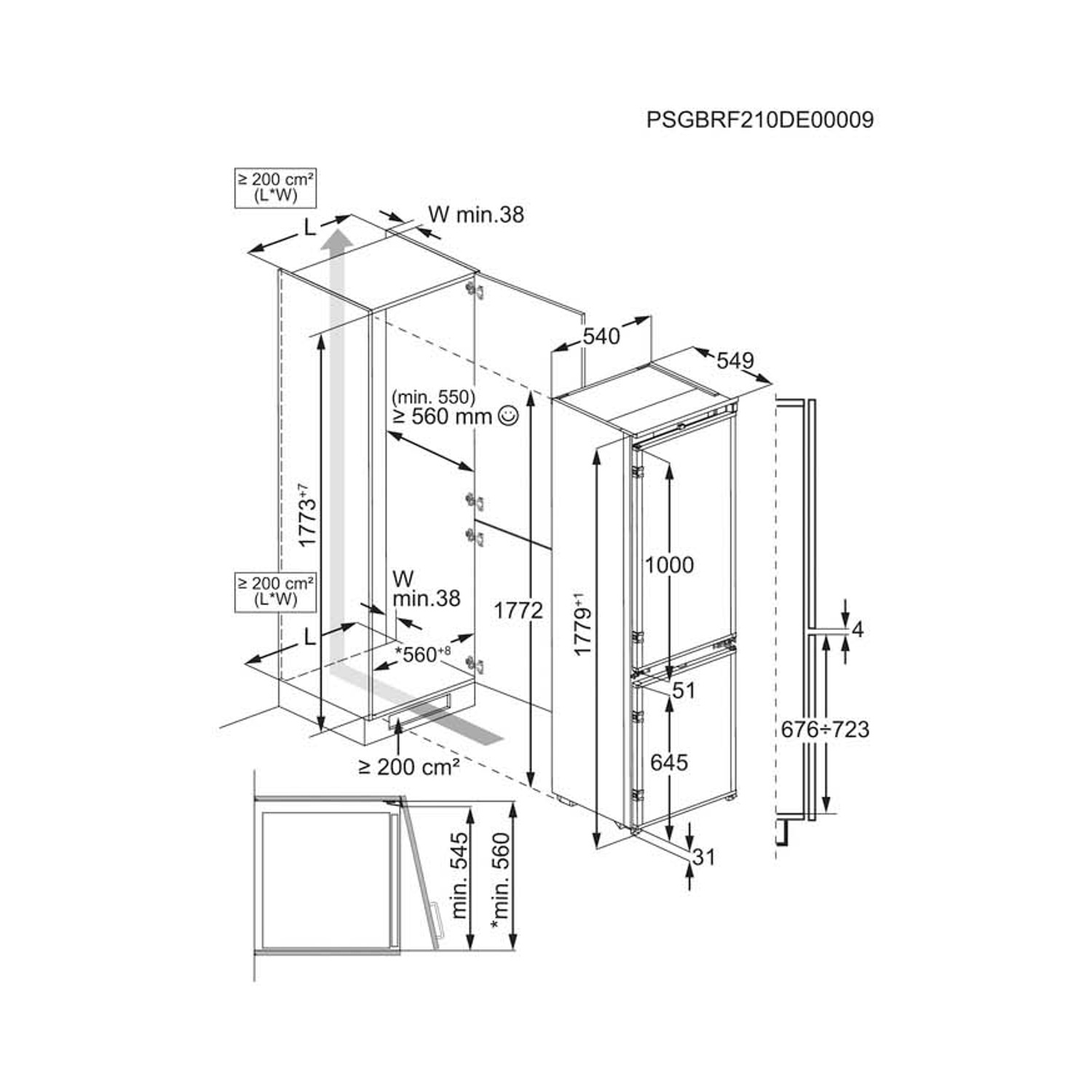 Disegno tecnico di un frigorifero da incasso con dimensioni e note di installazione.