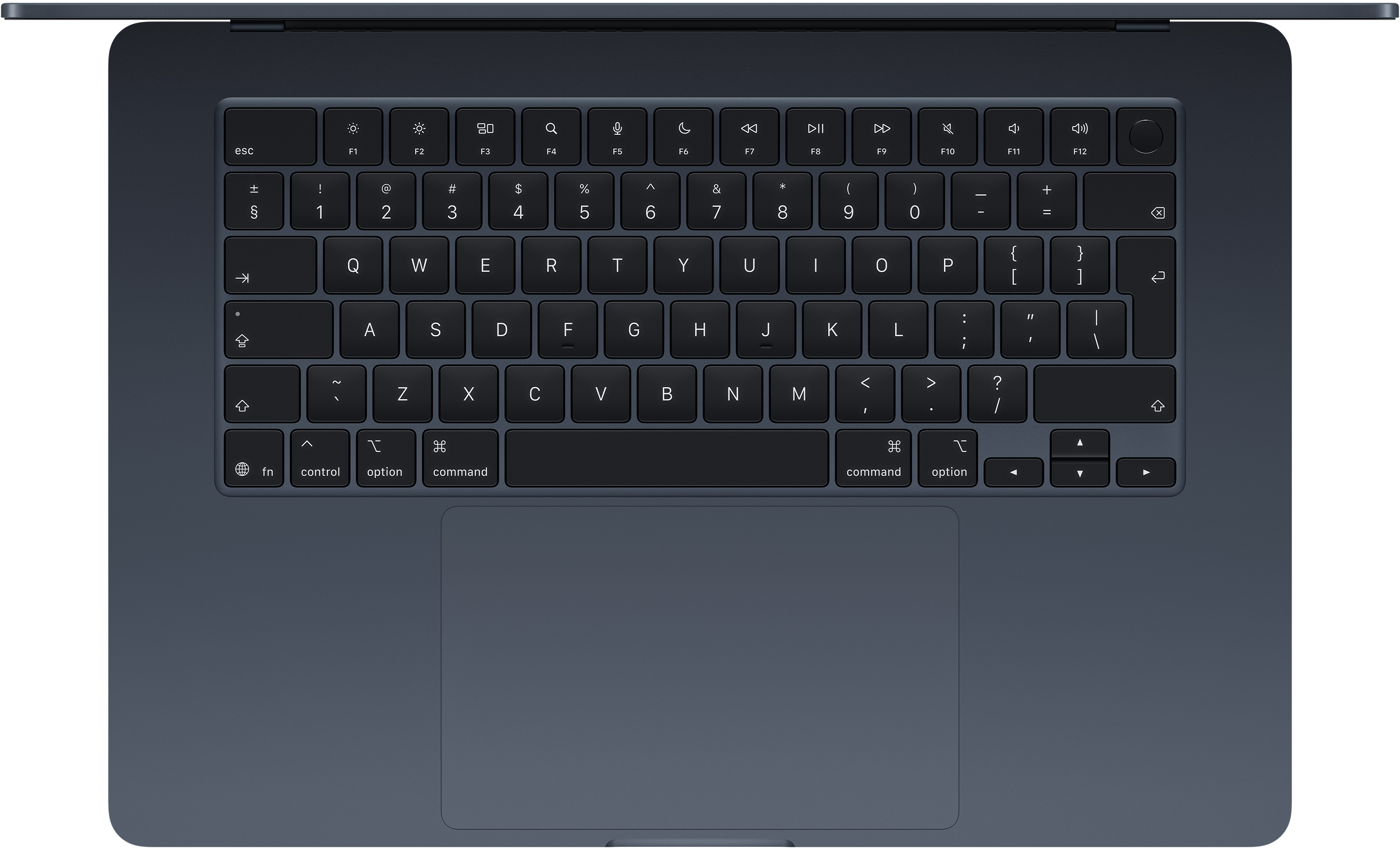 Sötétszürke laptop billentyűzet és érintőpad felülnézetből.
