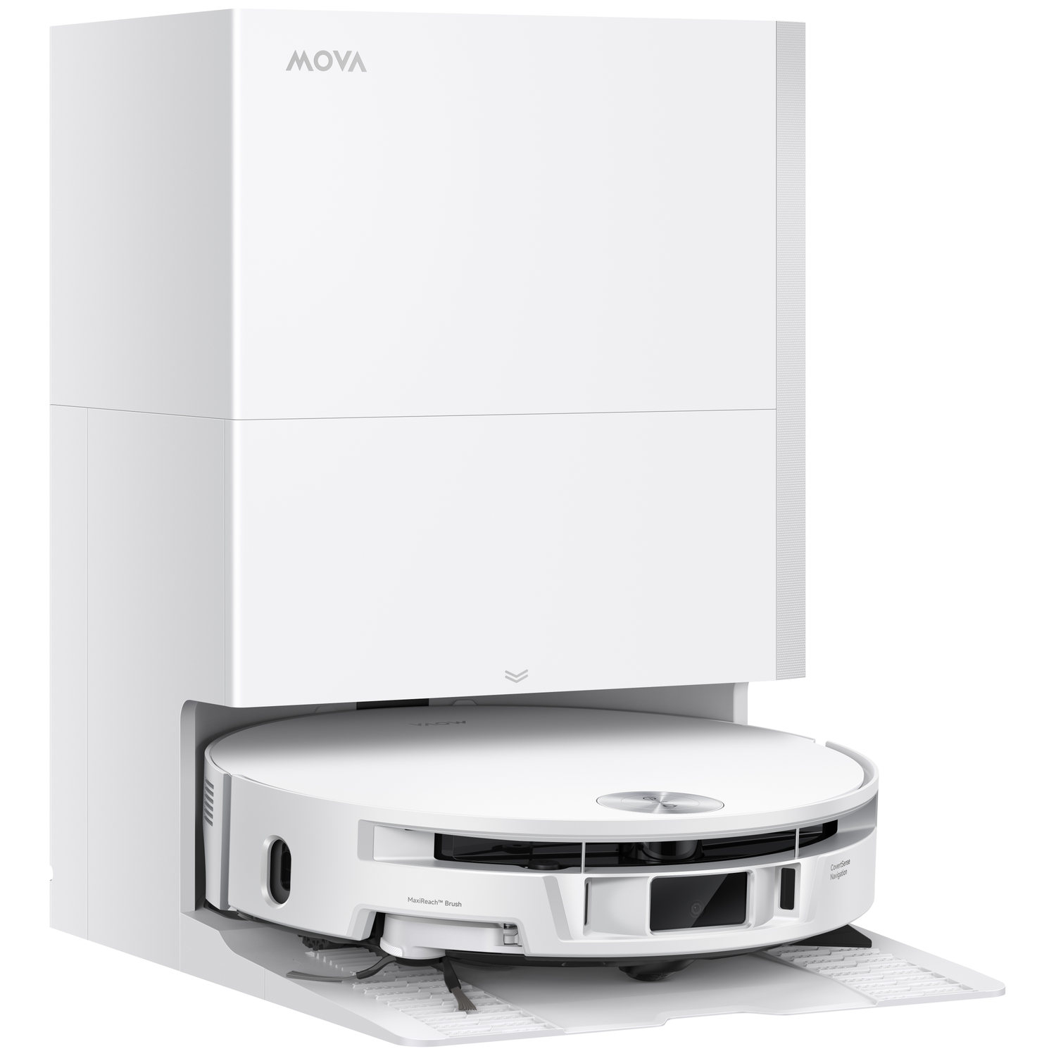A white robot vacuum cleaner with a charging station, brand MOVA.