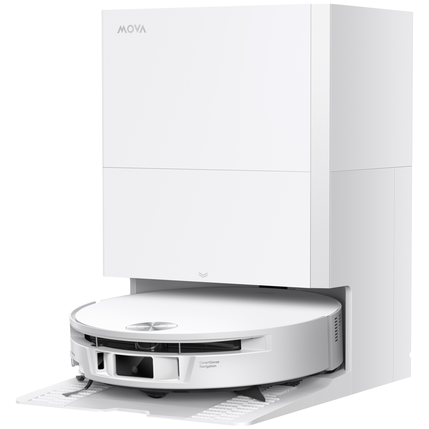 A white robot vacuum cleaner with a charging station, labeled MOVA.