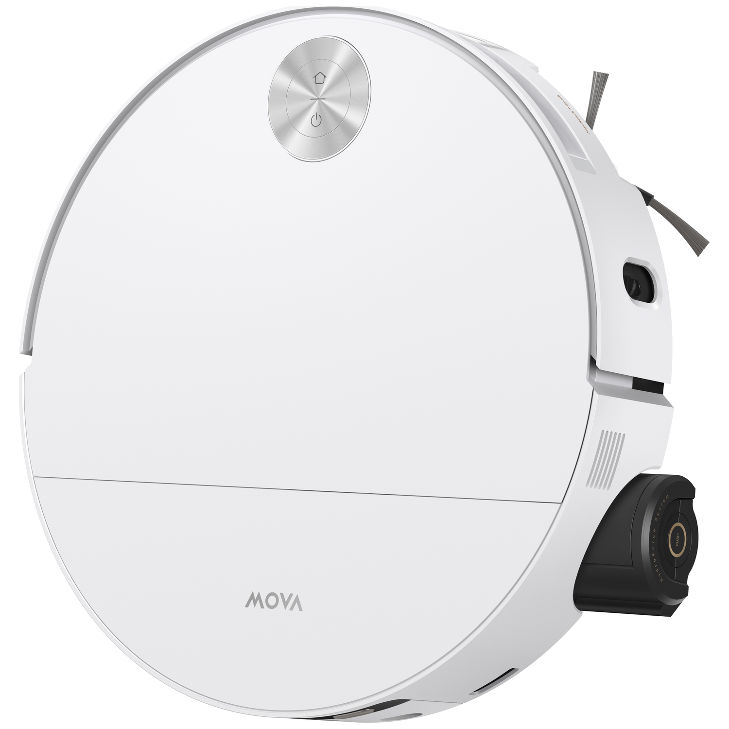 A white robot vacuum with silver buttons and brushes.