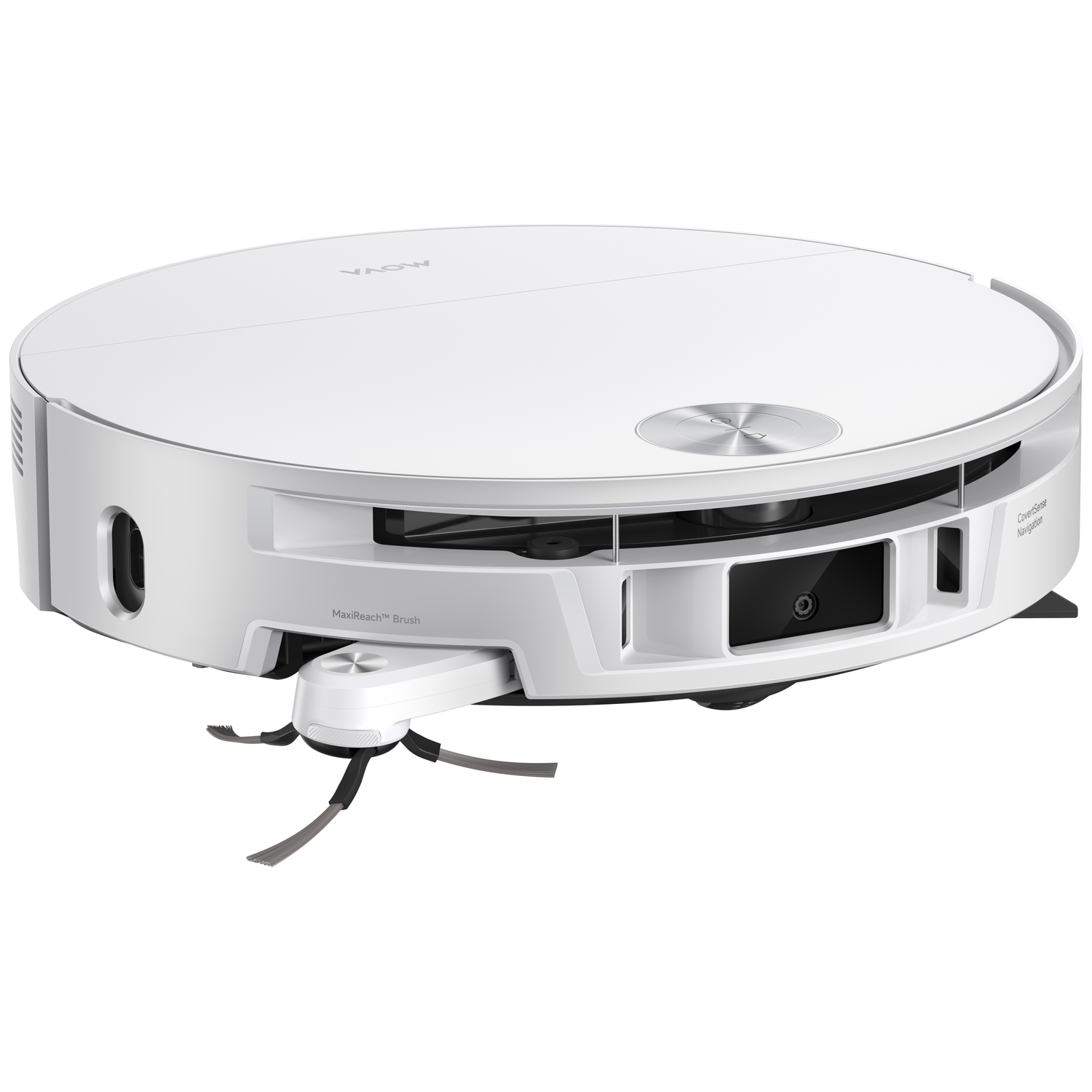 A white robot vacuum cleaner with a MaxiReach brush and sensors, featuring the "MOVA" logo.