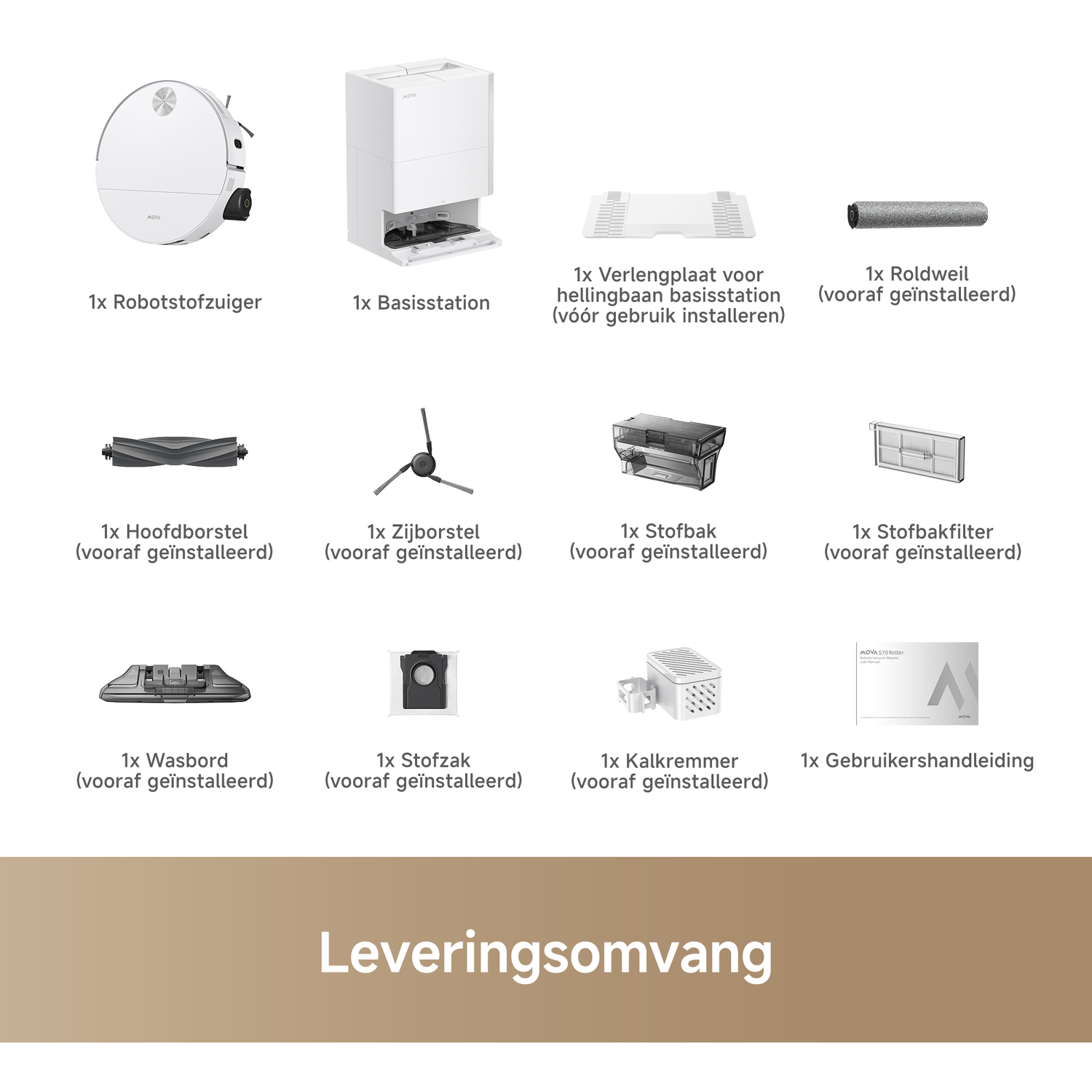 A robot vacuum, base station, extension plate, roller, brushes, dustbin, filter, manual.